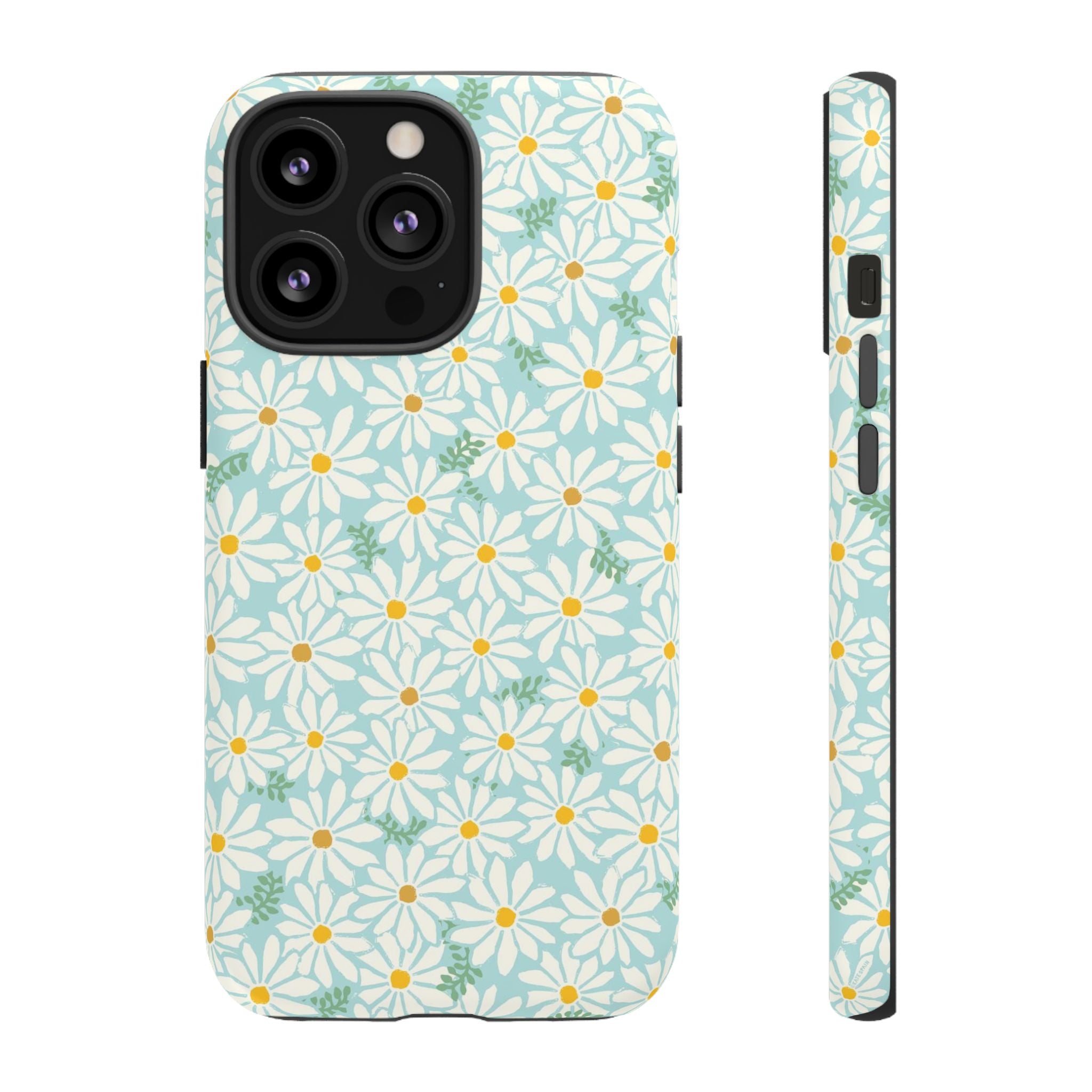 Daisies Tough iPhone 13 Pro Case – Matte | sky blue, white daisy print, golden yellow centers, mint green leaves dual-layer protection
