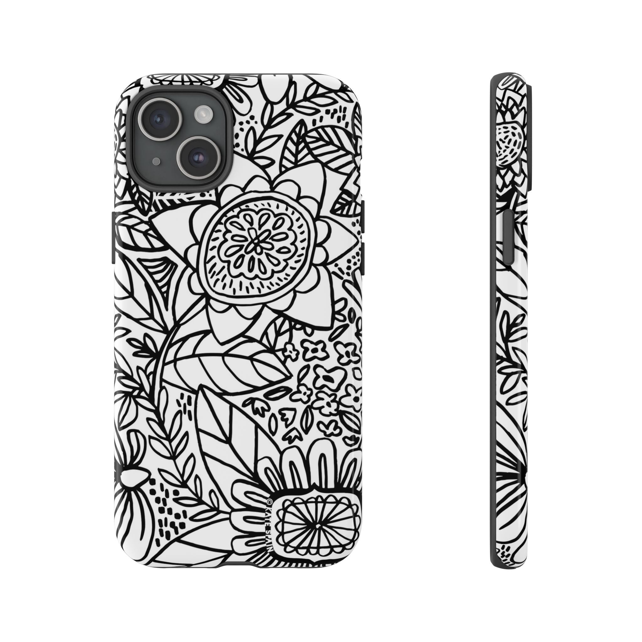 Esprit Tough iPhone 15 Plus Case – Glossy | white, black botanical line art floral print