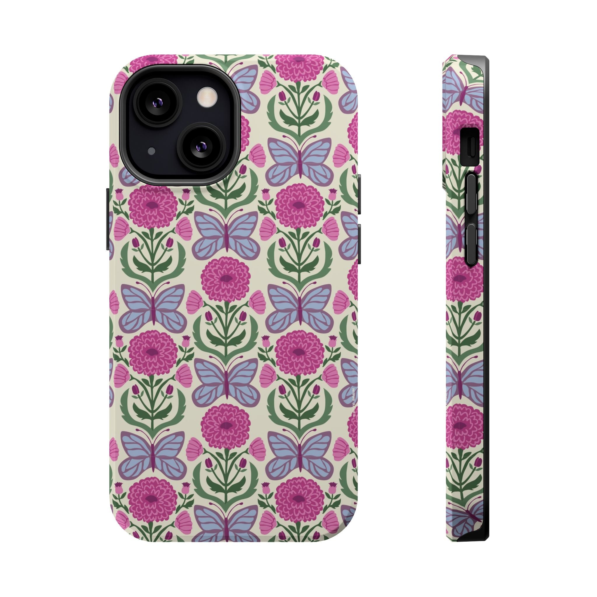 Butterfly MagSafe iPhone 13 mini Case – Glossy | cream, magenta, periwinkle butterfly floral print