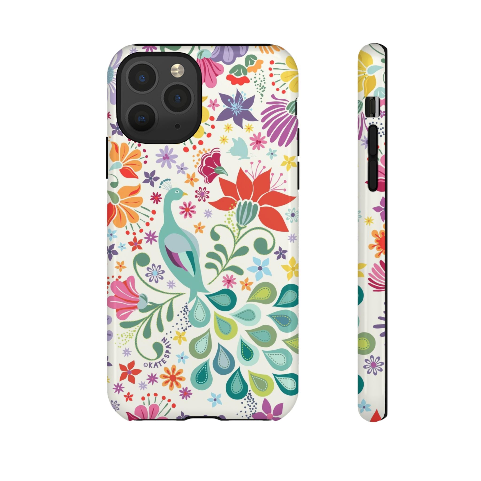 Peacock Sanctuary Tough iPhone 11 Pro Case – Glossy | white, teal, coral multicolor vibrant peacock feather botanical print