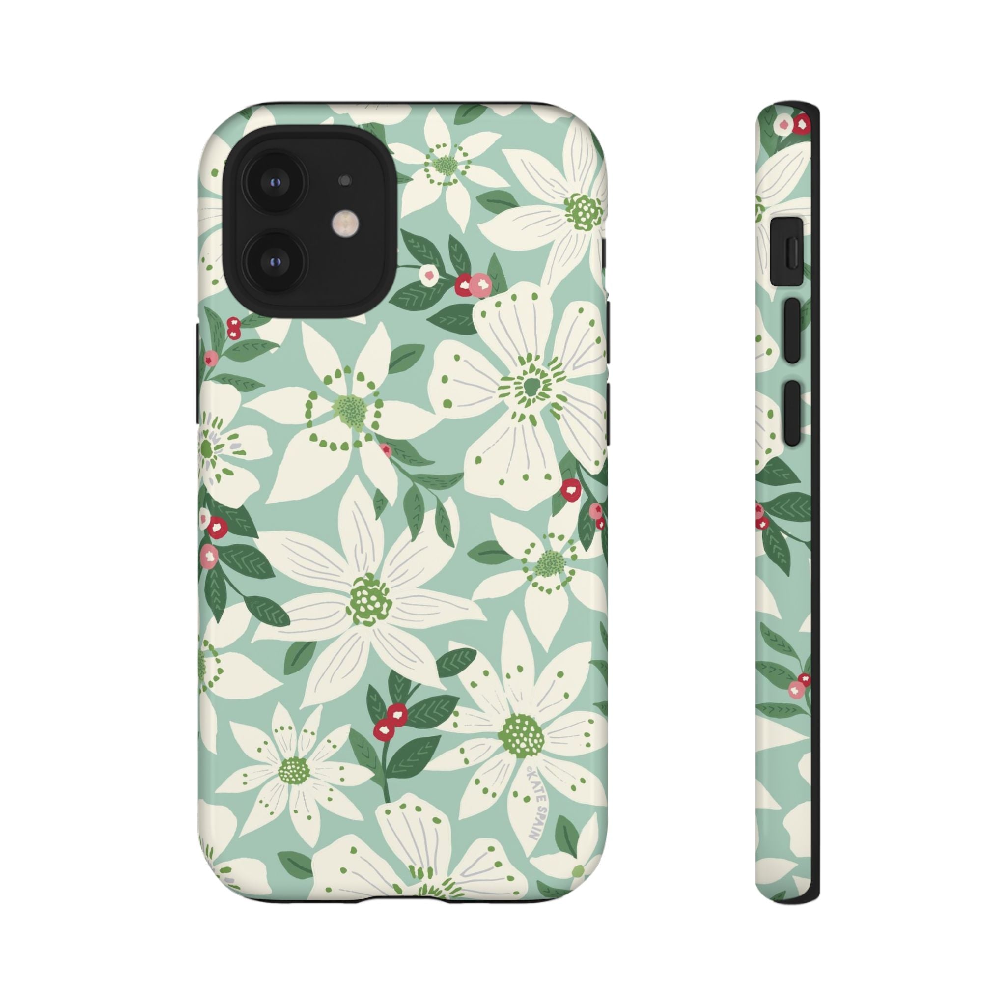 Gardenia Tough iPhone 12 Mini Case – Glossy | light blue, white, green, red gardenia botanical print