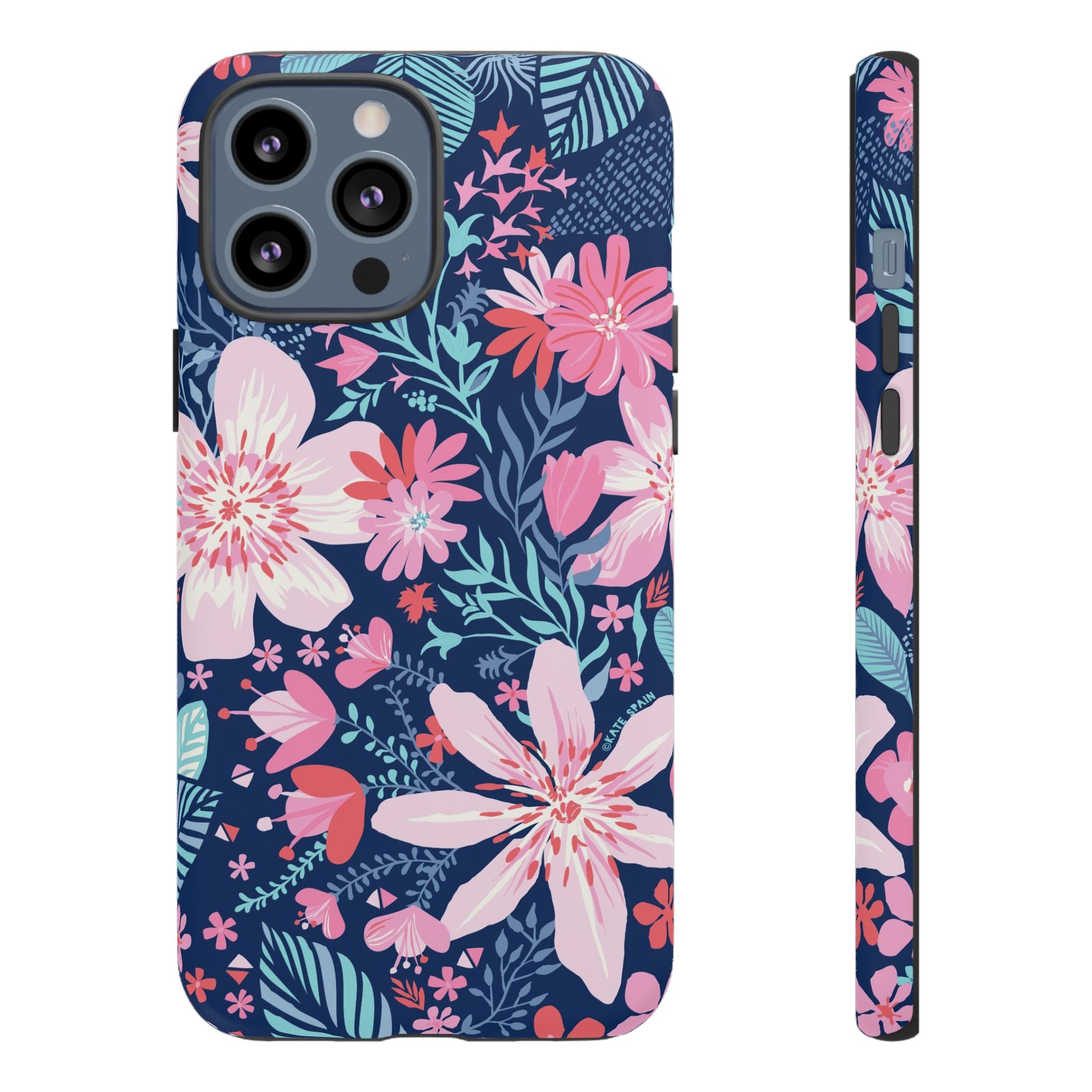 Bonaire Tough iPhone 13 Pro Max Case – Matte | navy, pink, white tropical floral botanical print