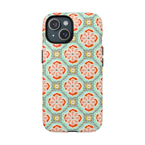 Alhambra MagSafe iPhone 15 Case – Glossy | aqua, coral, blush geometric medallion floral print