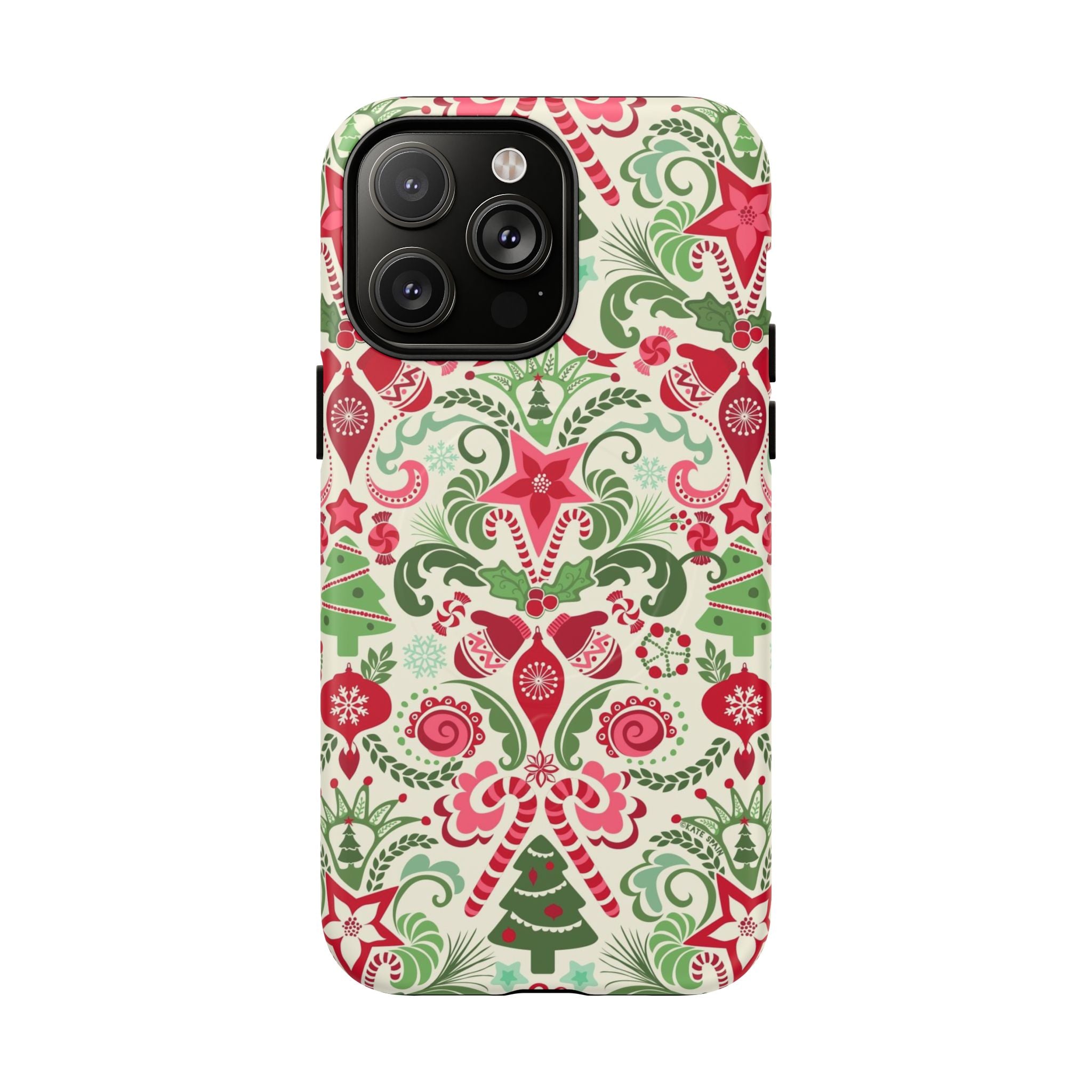 Wonderland MagSafe iPhone 14 Pro Max Case – Matte | cream, red, and green Christmas holiday medallion print with ornaments, candy canes, trees, and stars