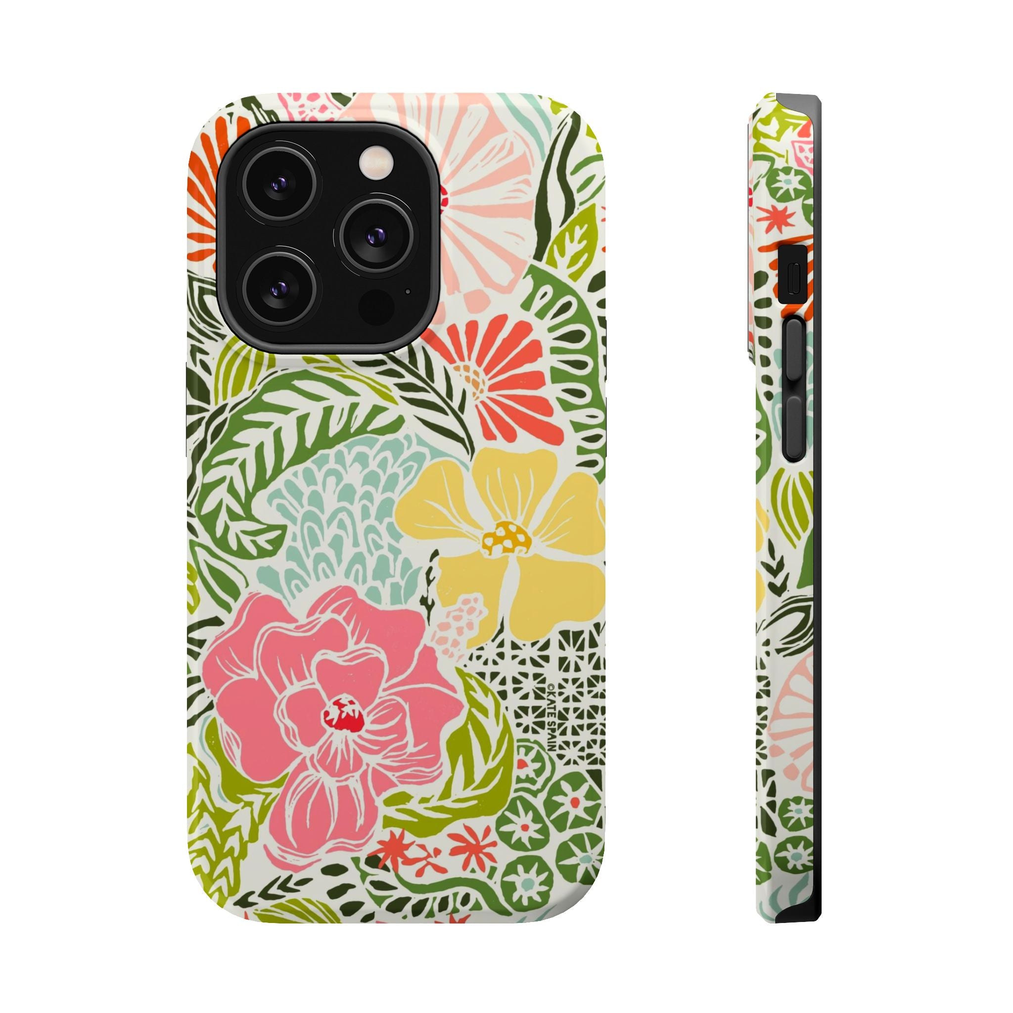 Tropica MagSafe iPhone 14 Pro Case – Glossy | cream, pink, yellow, blue botanical floral print MagSafe compatible, dual-layer protection