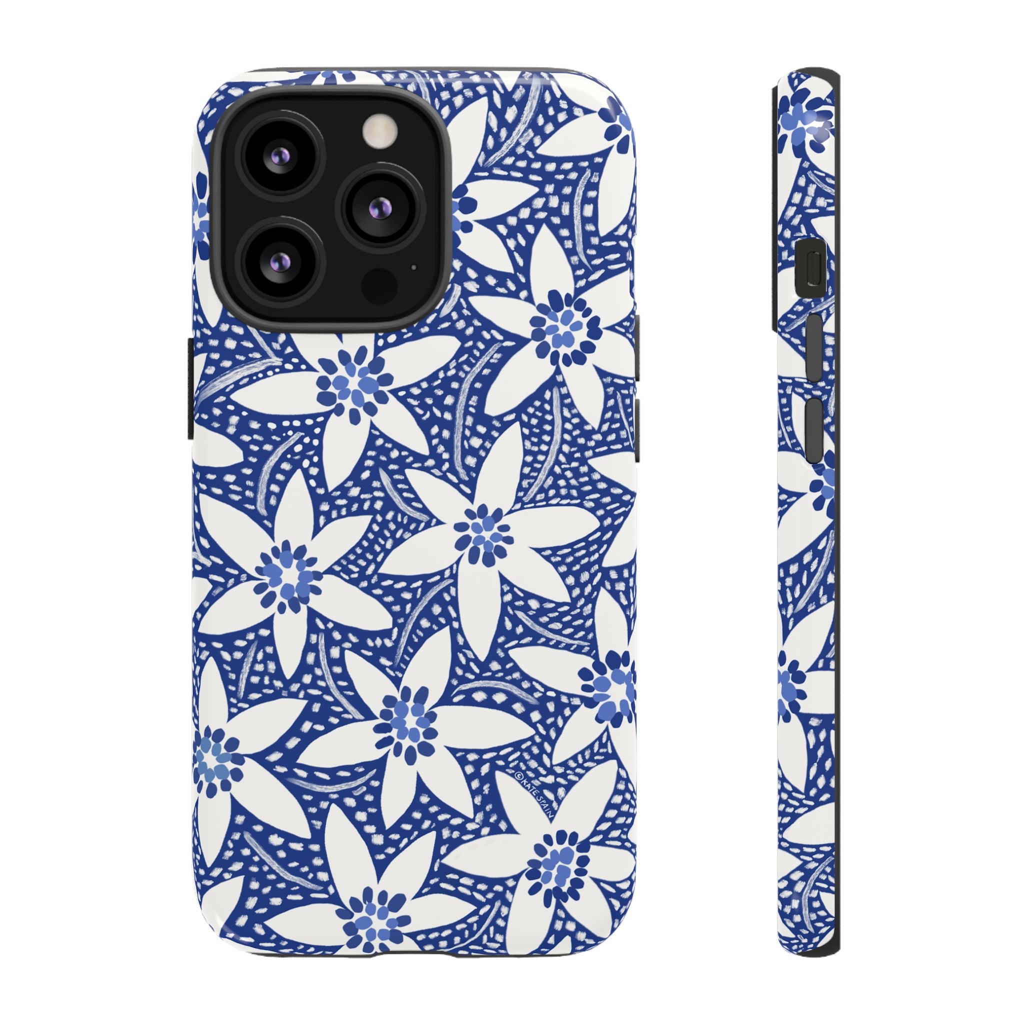 Starflower iPhone 13 Pro Case – Glossy | navy, white geometric starflower print