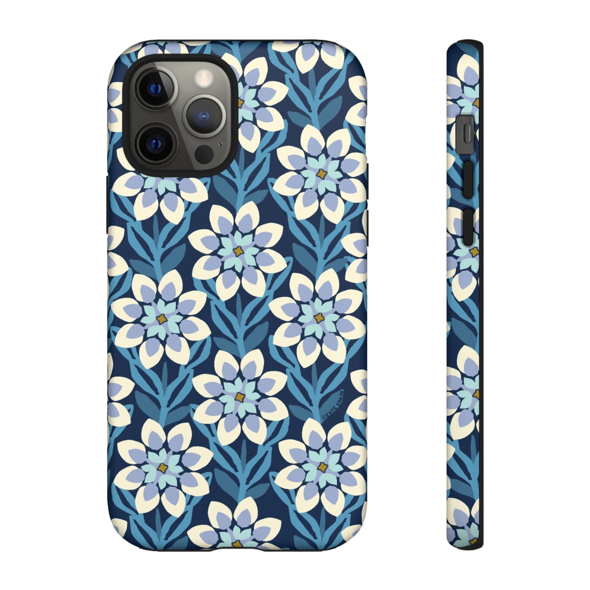 Designer Modern Dahlia Tough iPhone 12 Pro Case – Matte | navy, cobalt, white dahlia floral print