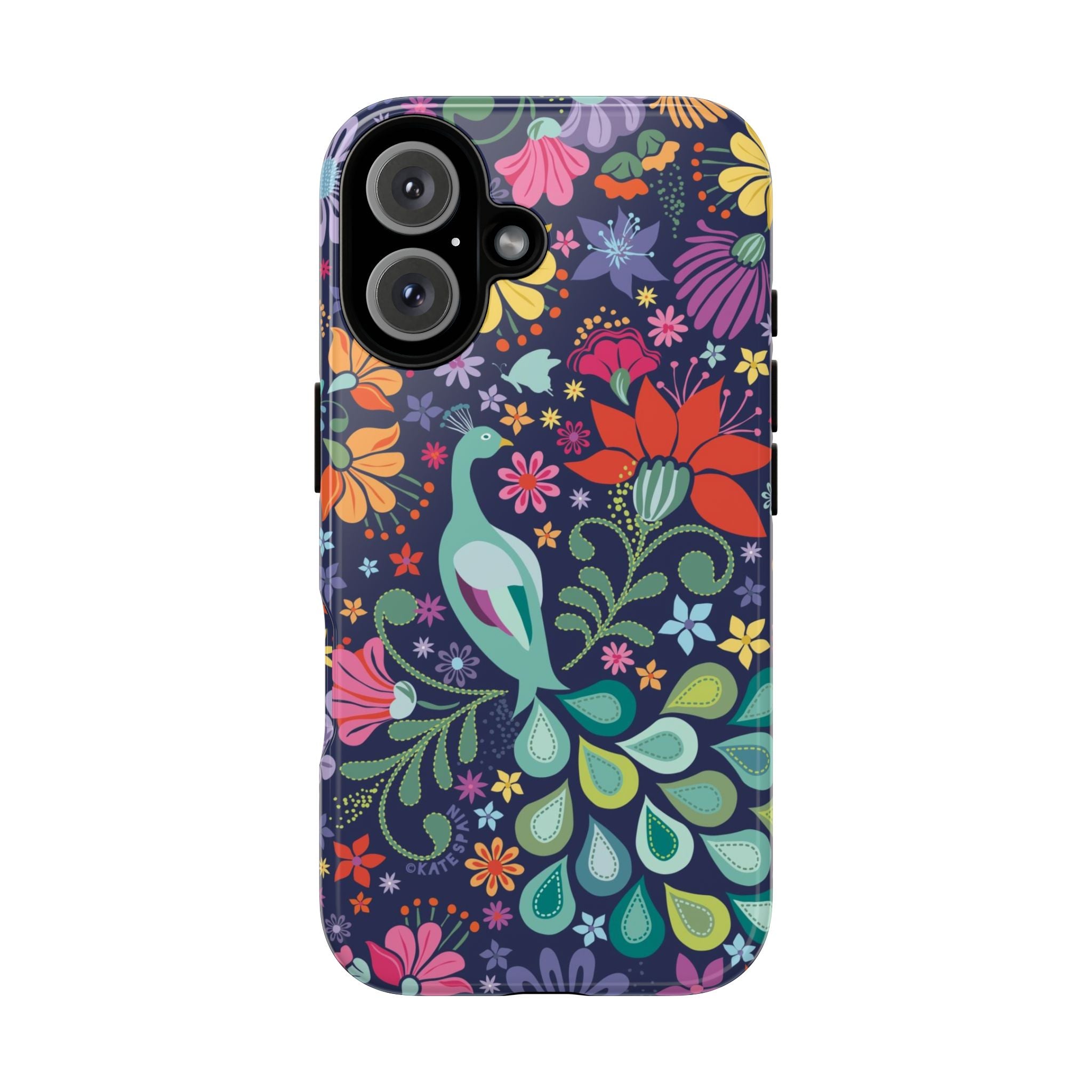 Peacock Sanctuary Tough iPhone 16 Case – Glossy | navy, teal, coral multicolor vibrant peacock feather botanical print