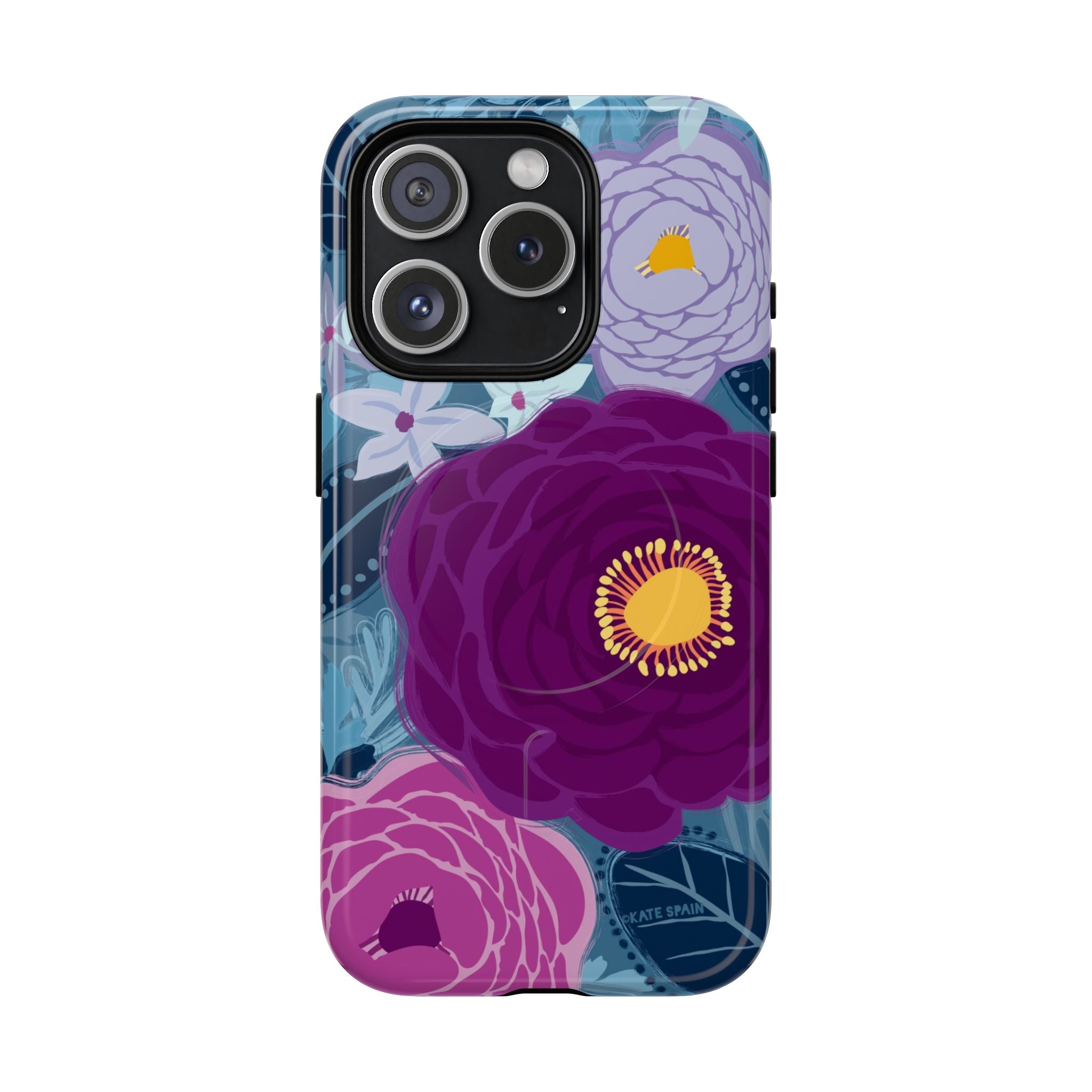 Bloomerie Violet MagSafe iPhone 15 Pro Case – Glossy | navy, purple, magenta botanical peony floral print