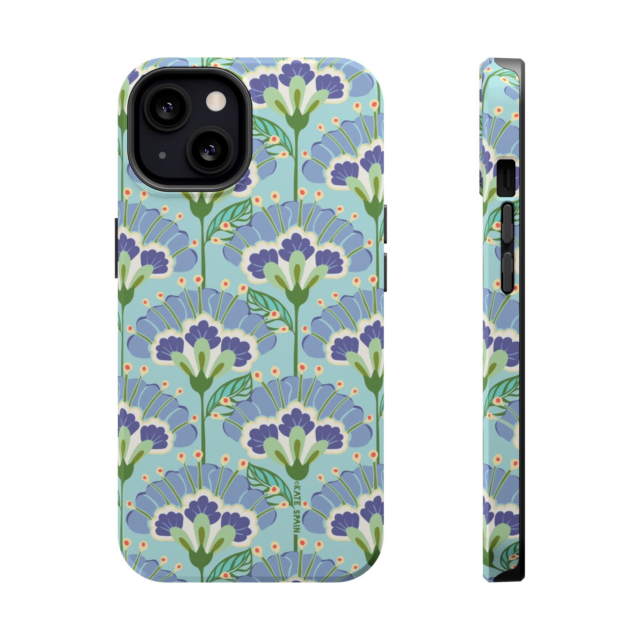 Lantern Flower MagSafe iPhone 13 Case – Matte | aqua, periwinkle, green botanical lantern floral print MagSafe compatible, dual-layer protection
