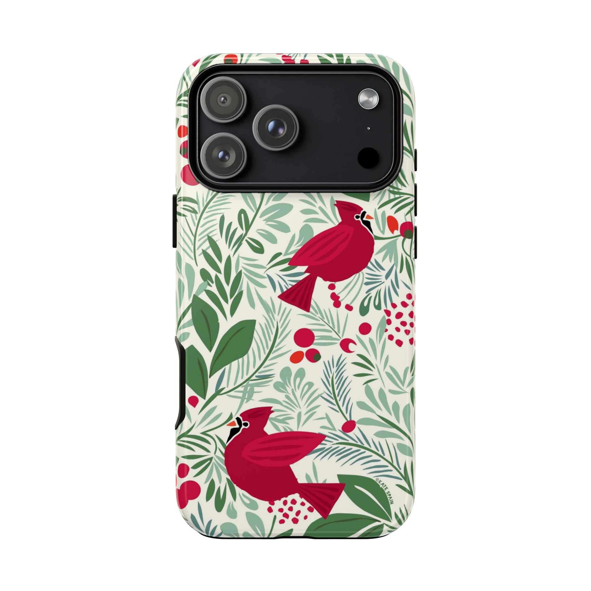 Birds and Berries Tough iPhone 17 Pro Max Case – Glossy | cream, red, green botanical cardinal berry print