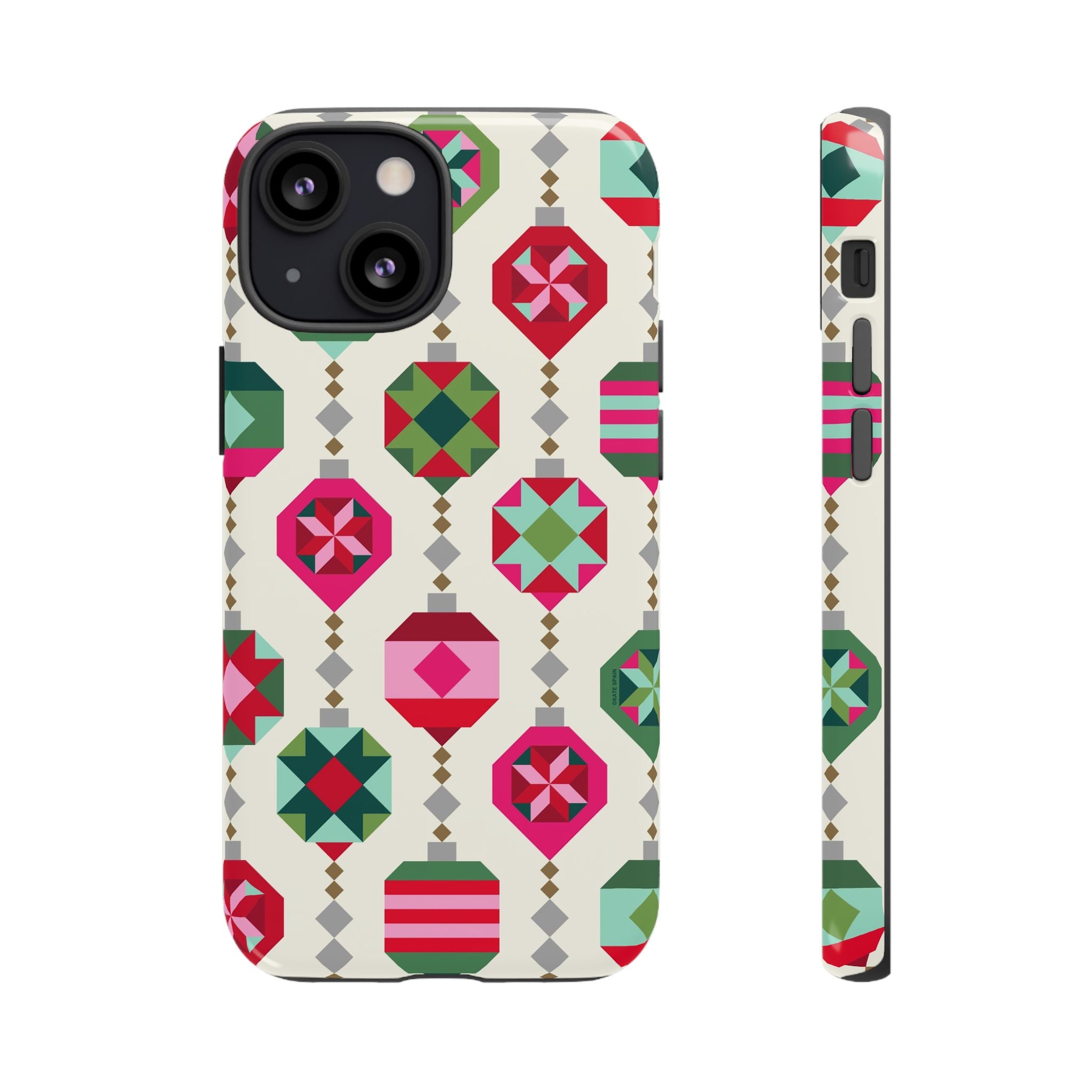 Felicity Ornaments Tough iPhone 13 Mini Case – Glossy | cream, red, pink, green, mint geometric quilted ornament print