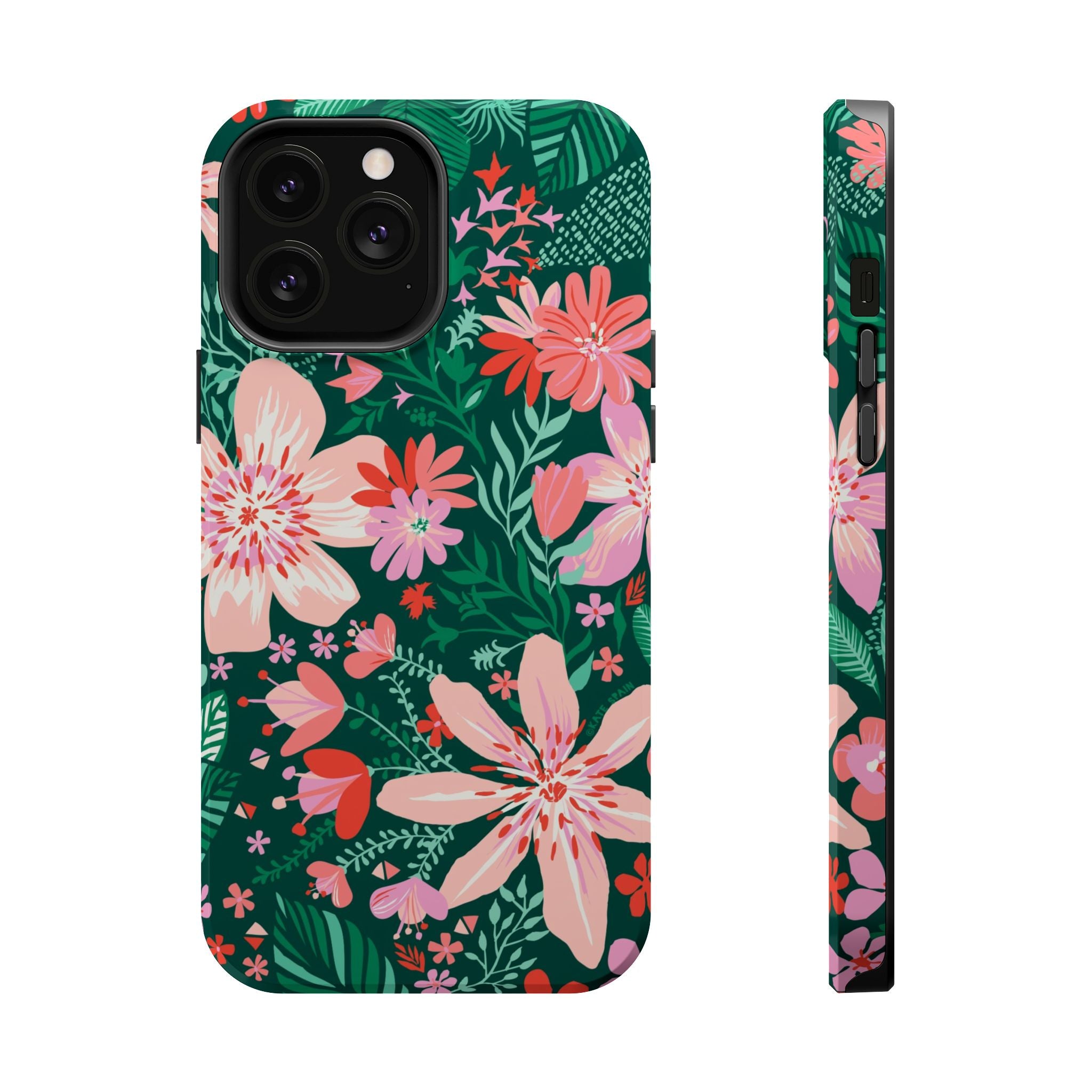 Bonaire MagSafe iPhone 13 Pro Max Case – Glossy | forest green, blush, coral tropical floral print