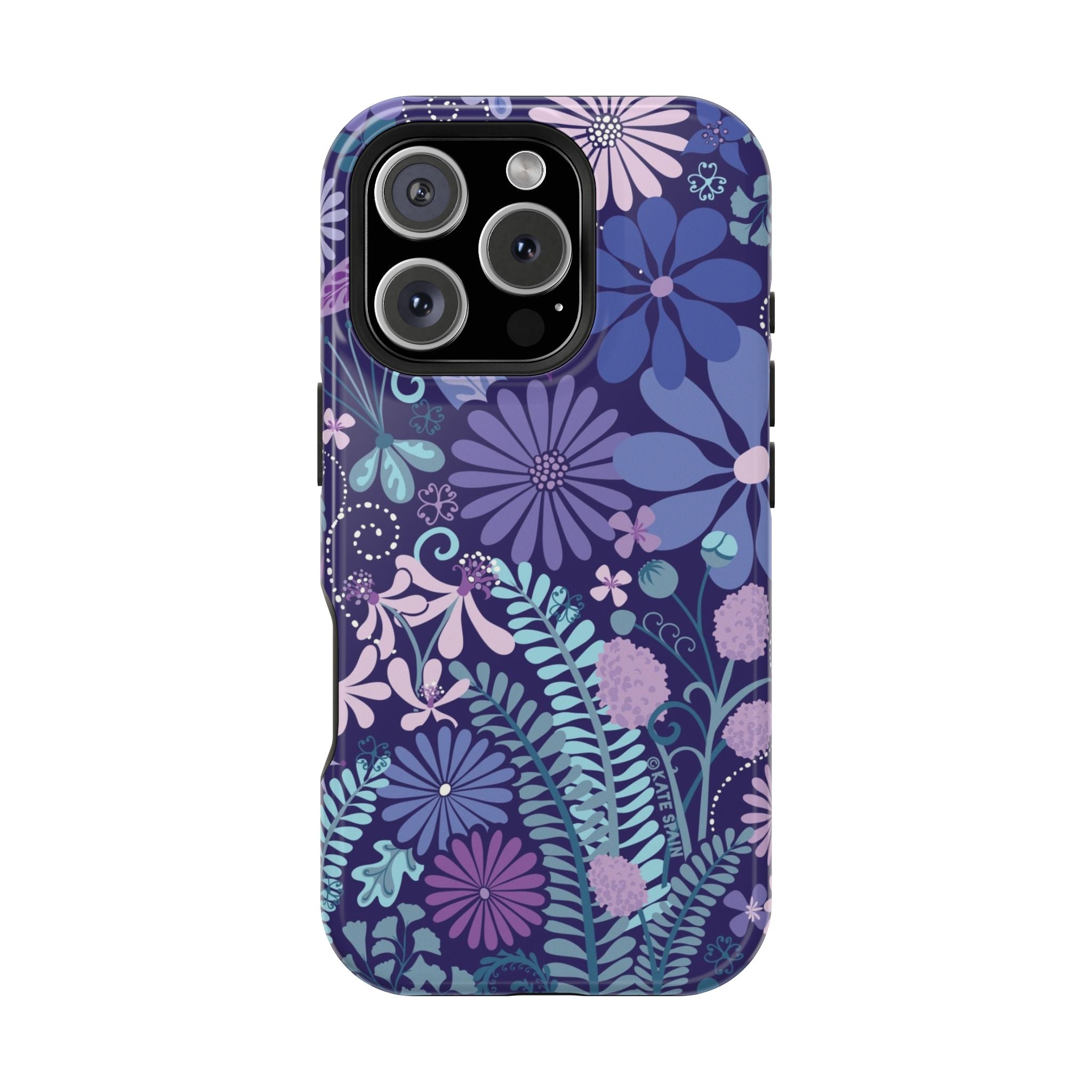 Luxury Terrain MagSafe iPhone 15 Pro Max Case – Glossy | navy, purple, aqua botanical woodland floral print