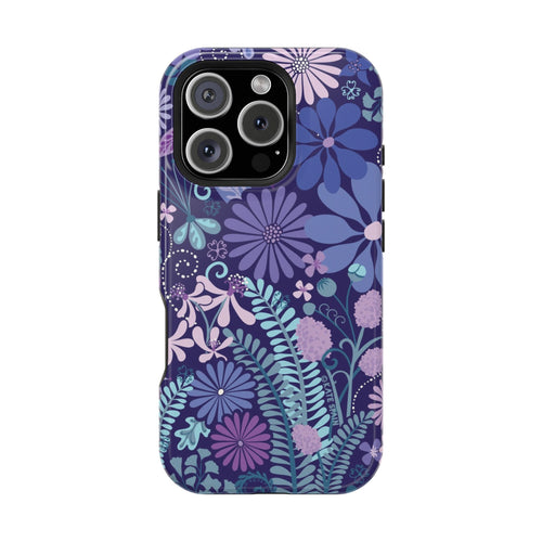 Luxury Terrain MagSafe iPhone 15 Pro Max Case – Glossy | navy, purple, aqua botanical woodland floral print