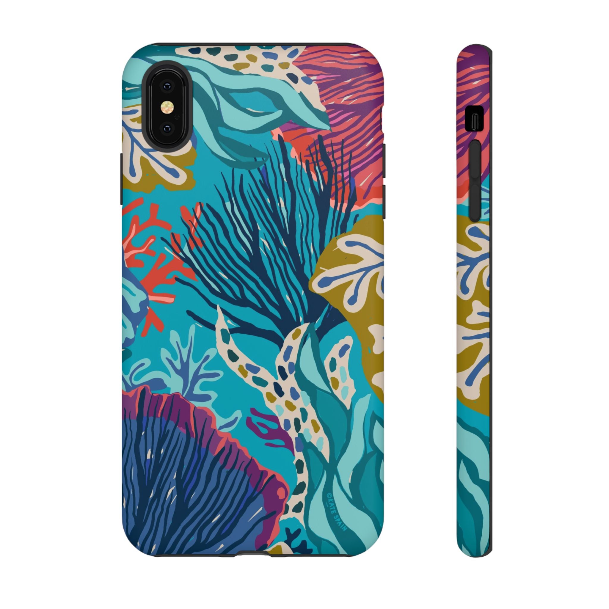 Reef Tough iPhone XS Max Case – Matte | teal, coral, navy, purple botanical coral reef print