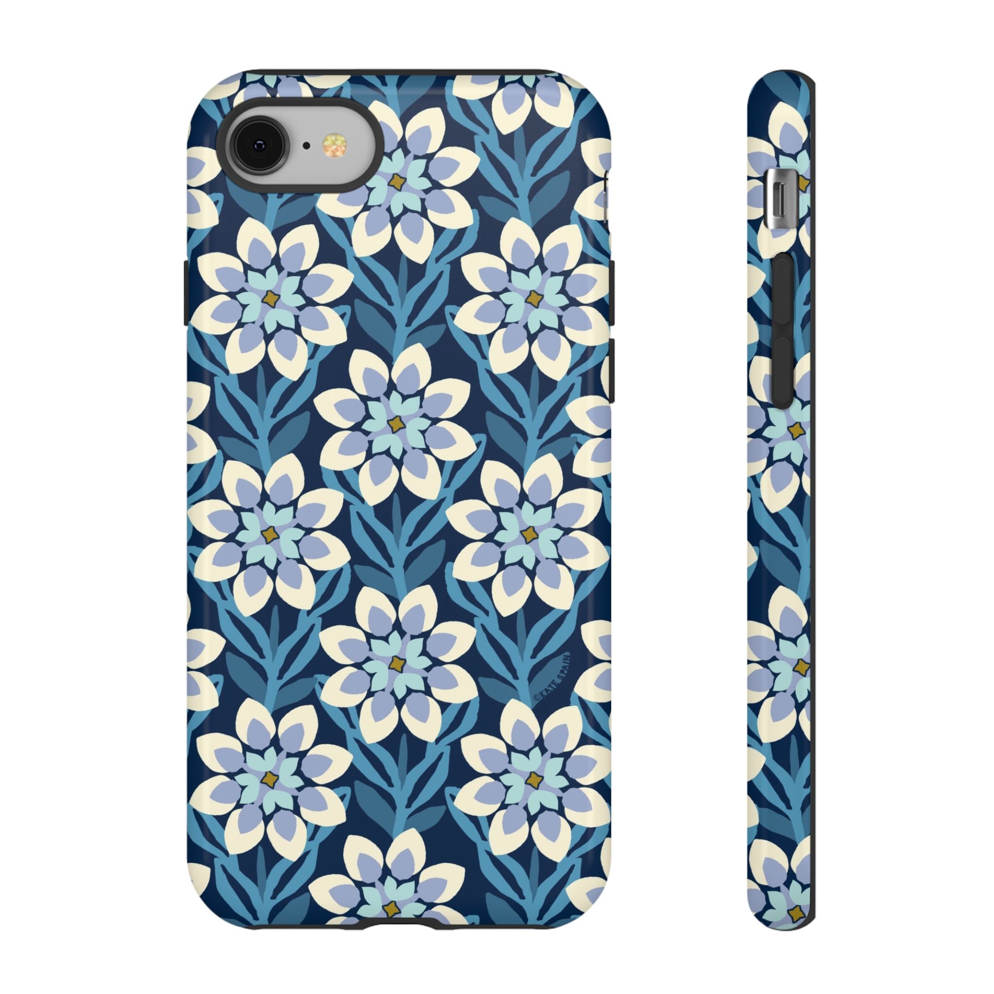 Designer Modern Dahlia Tough iPhone 8 Case – Glossy | navy, cobalt, white dahlia floral print