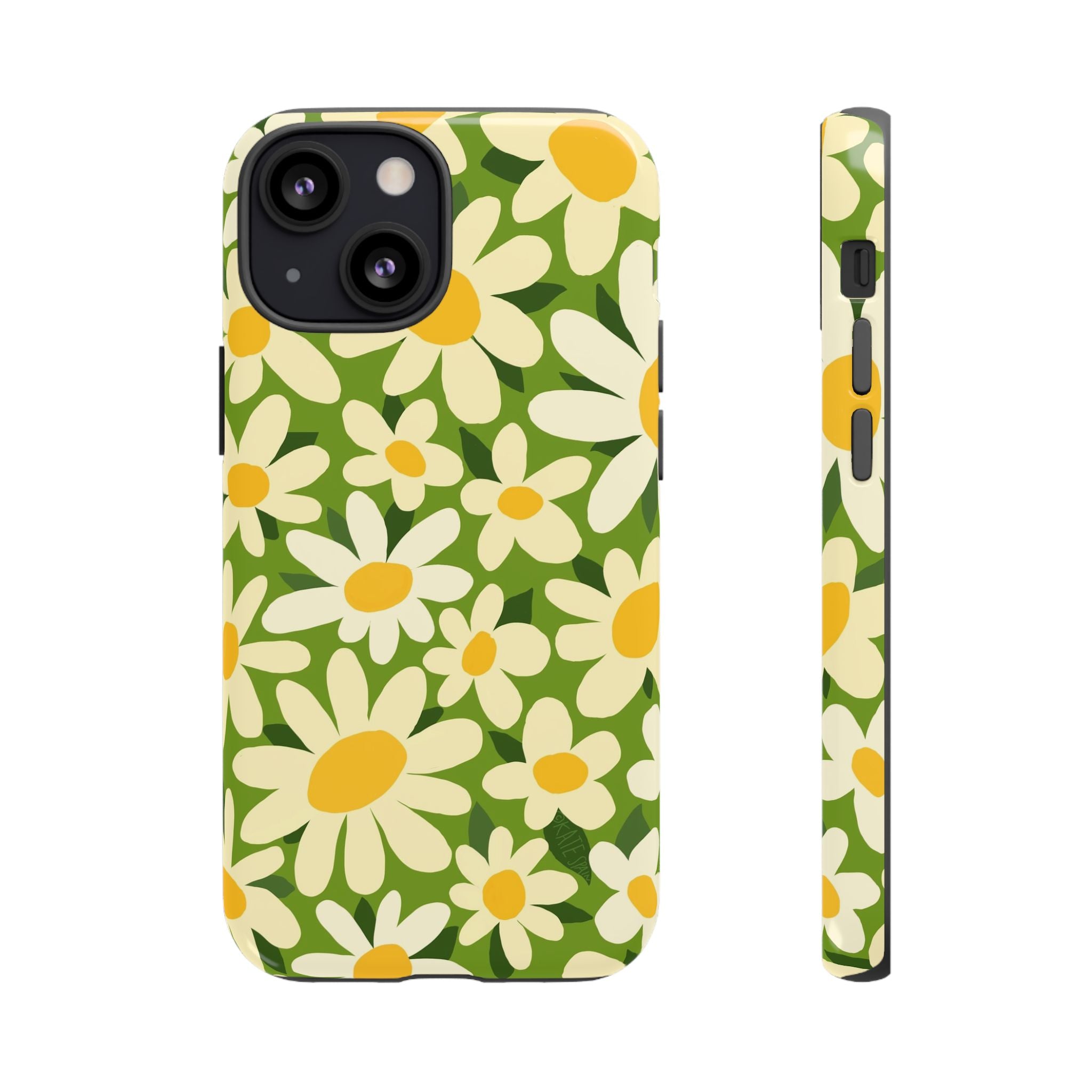 Shasta Daisy Tough iPhone 13 Mini Case – Glossy | green, white, yellow daisy floral print