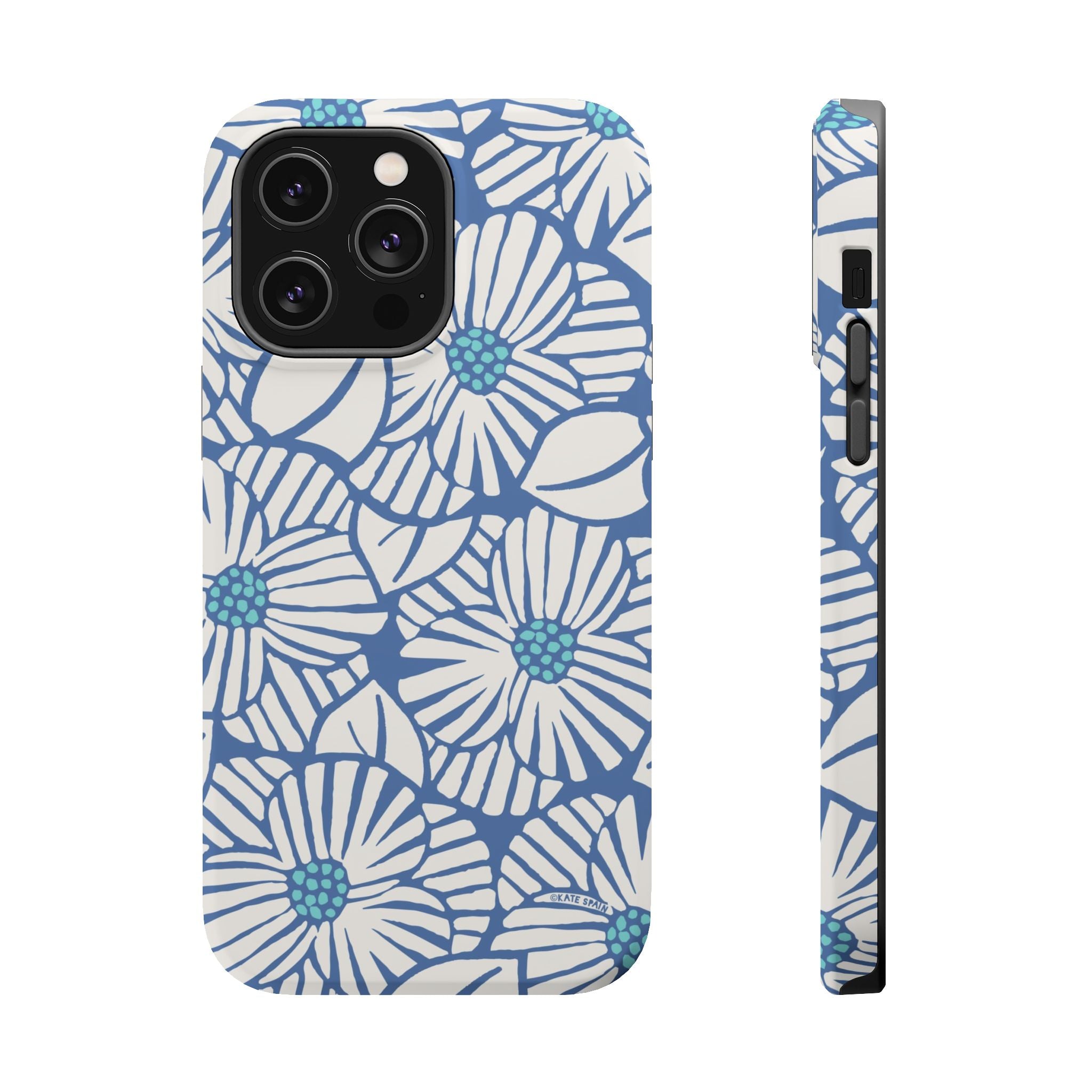 Calendula MagSafe iPhone 13 Case – Glossy | slate blue, cream, teal kimono botanical print