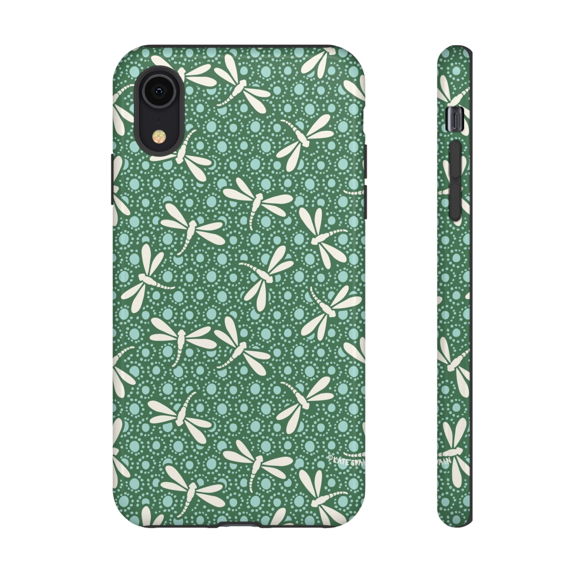 Designer Dragonfly Tough iPhone XR Case – Glossy | jade green, aqua, cream dragonfly print