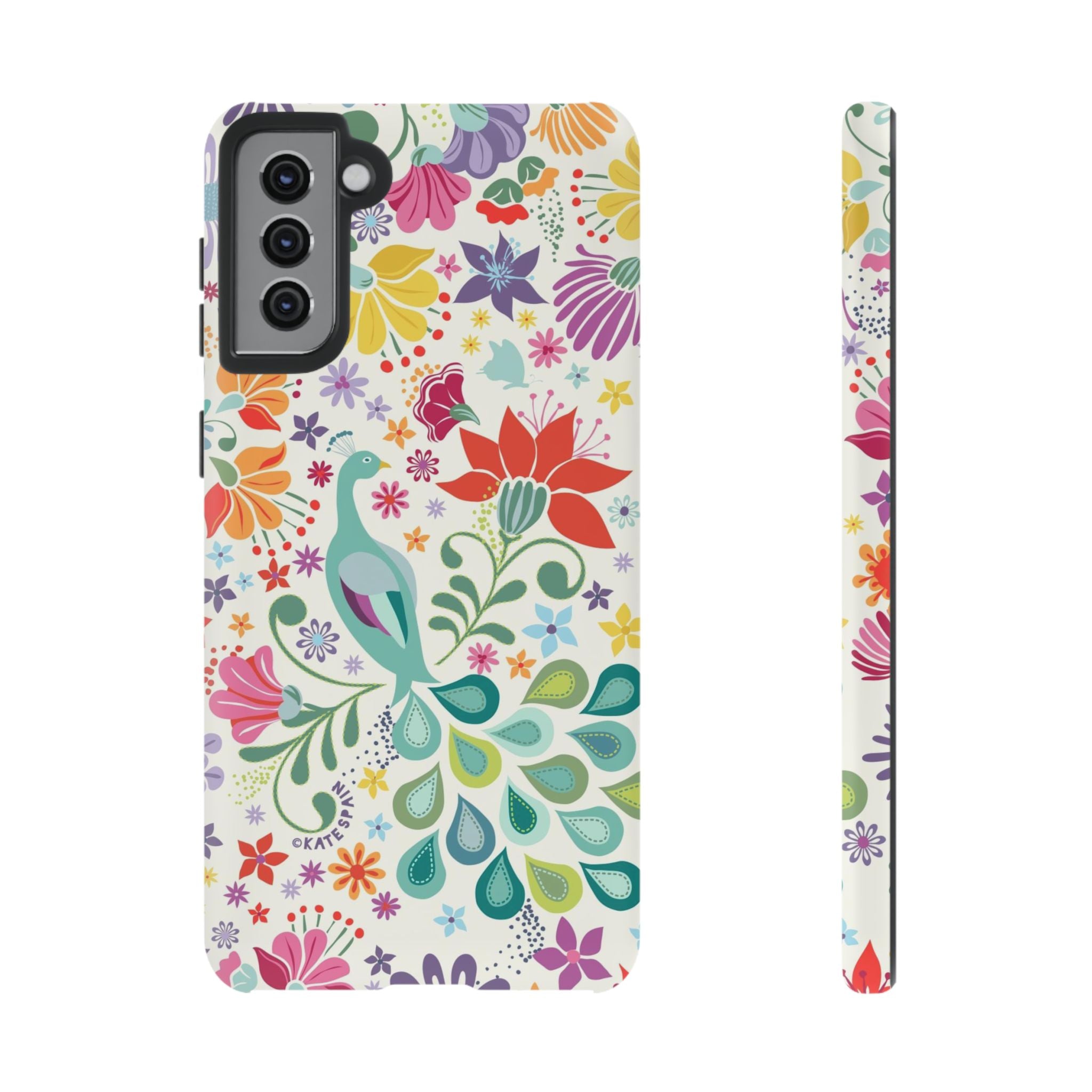 Luxury Peacock Sanctuary Samsung Galaxy S21 Plus Case – Matte | white, teal, coral multicolor vibrant peacock feather botanical print