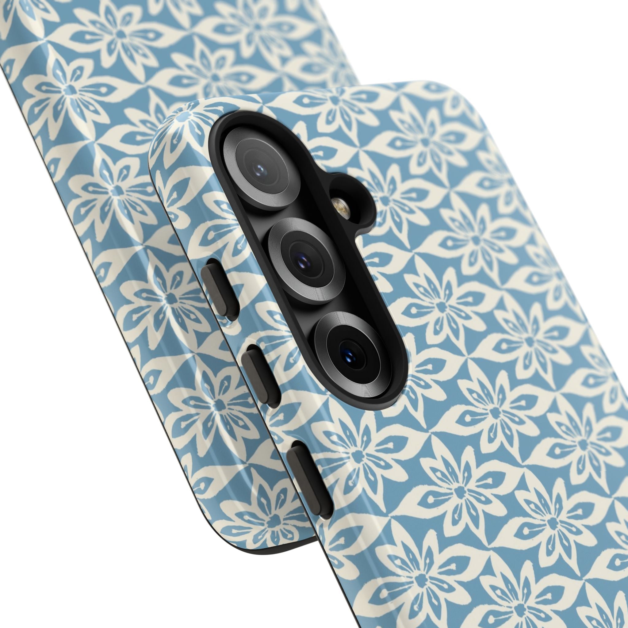 Lily Blue Samsung Galaxy S25 Glossy case — side angled view showing camera cutout and buttons — graphic white lily on cerulean by Kate Spain