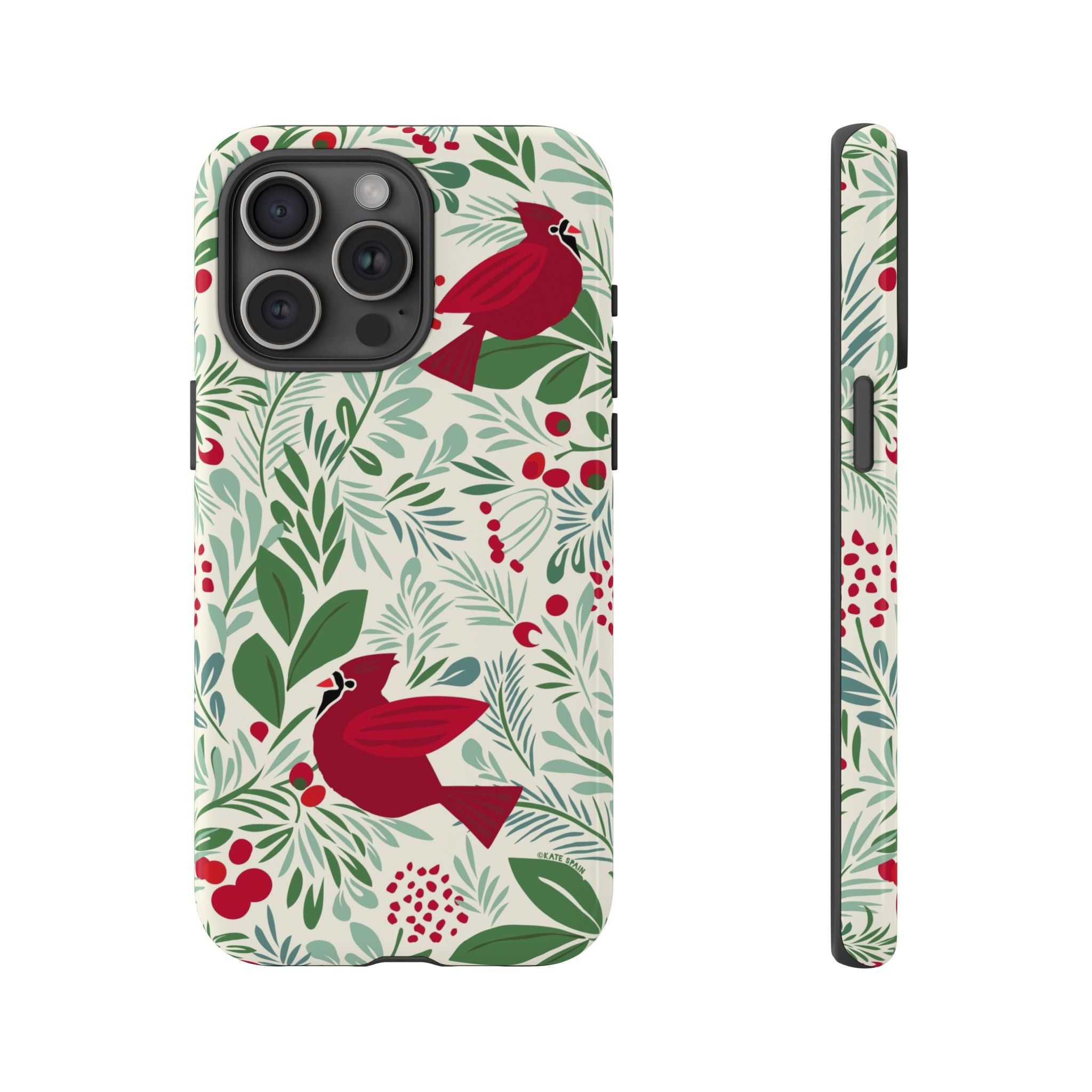 Birds and Berries Tough iPhone 15 Pro Max Case – Glossy | cream, red, green botanical cardinal berry print