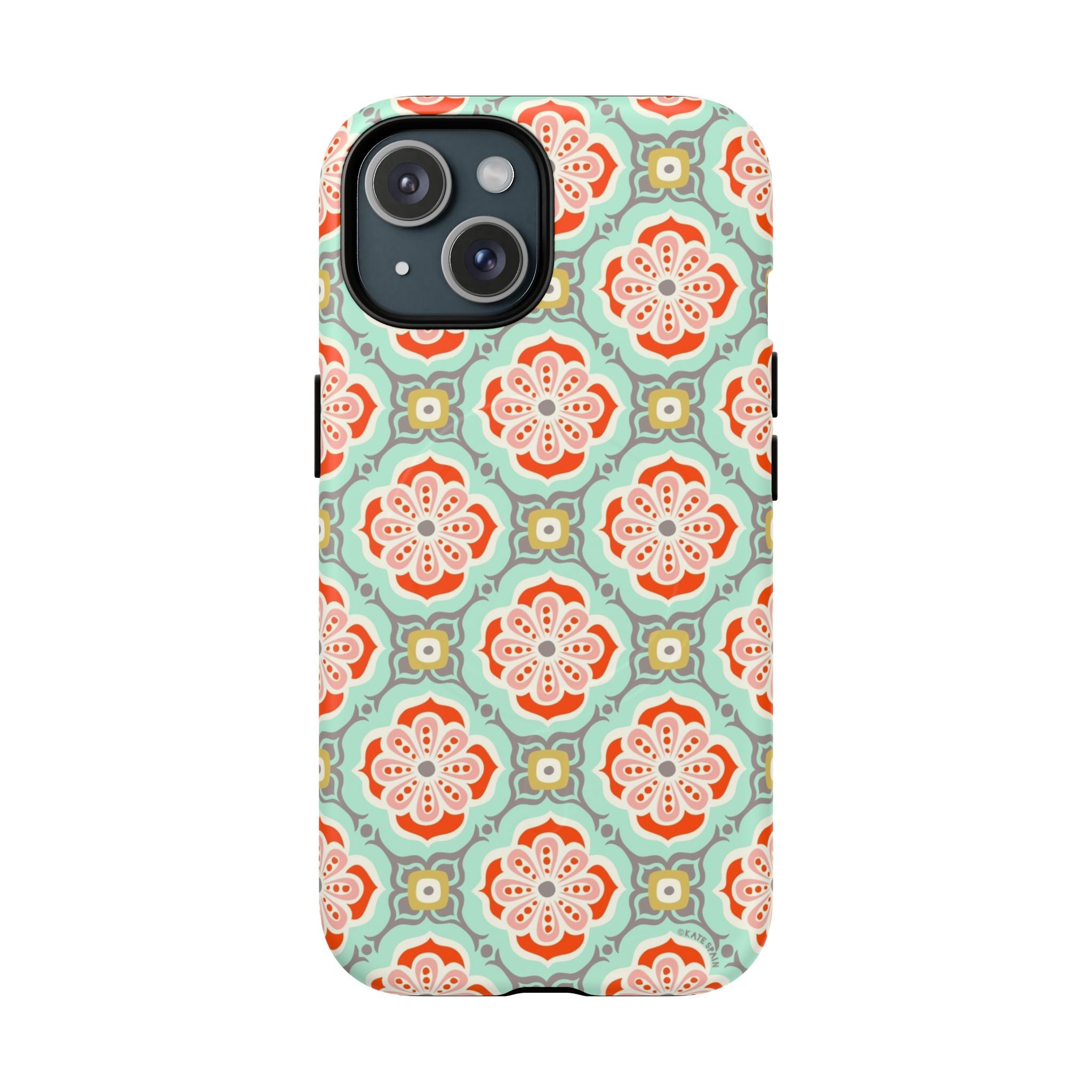 Alhambra MagSafe iPhone 15 Case – Matte | aqua, coral, blush geometric medallion floral print