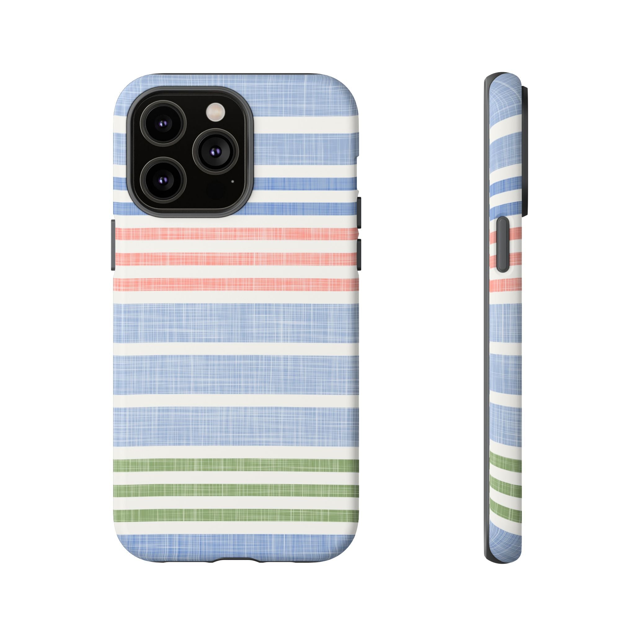 Cabana Stripe Pastel Tough iPhone 14 Pro Max Case – Matte | soft blue, coral, sage green chambray-textured stripe print dual-layer protection