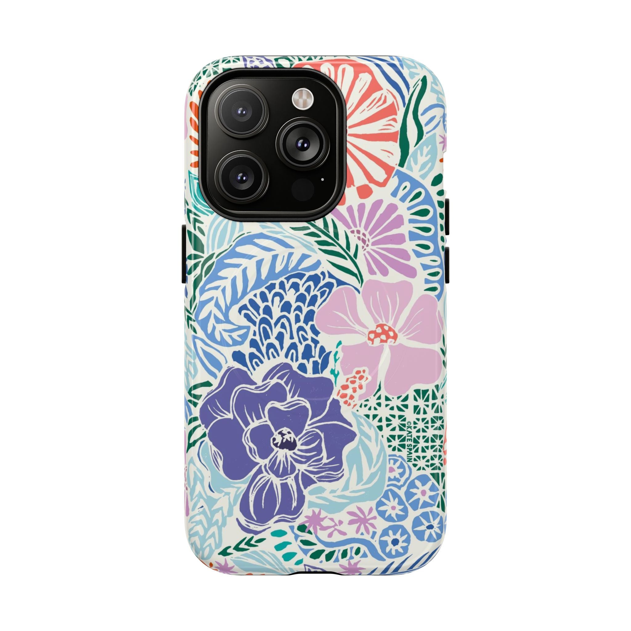 Tropica MagSafe iPhone 14 Pro Case – Glossy | purple, coral, pink, blue botanical tropical floral print