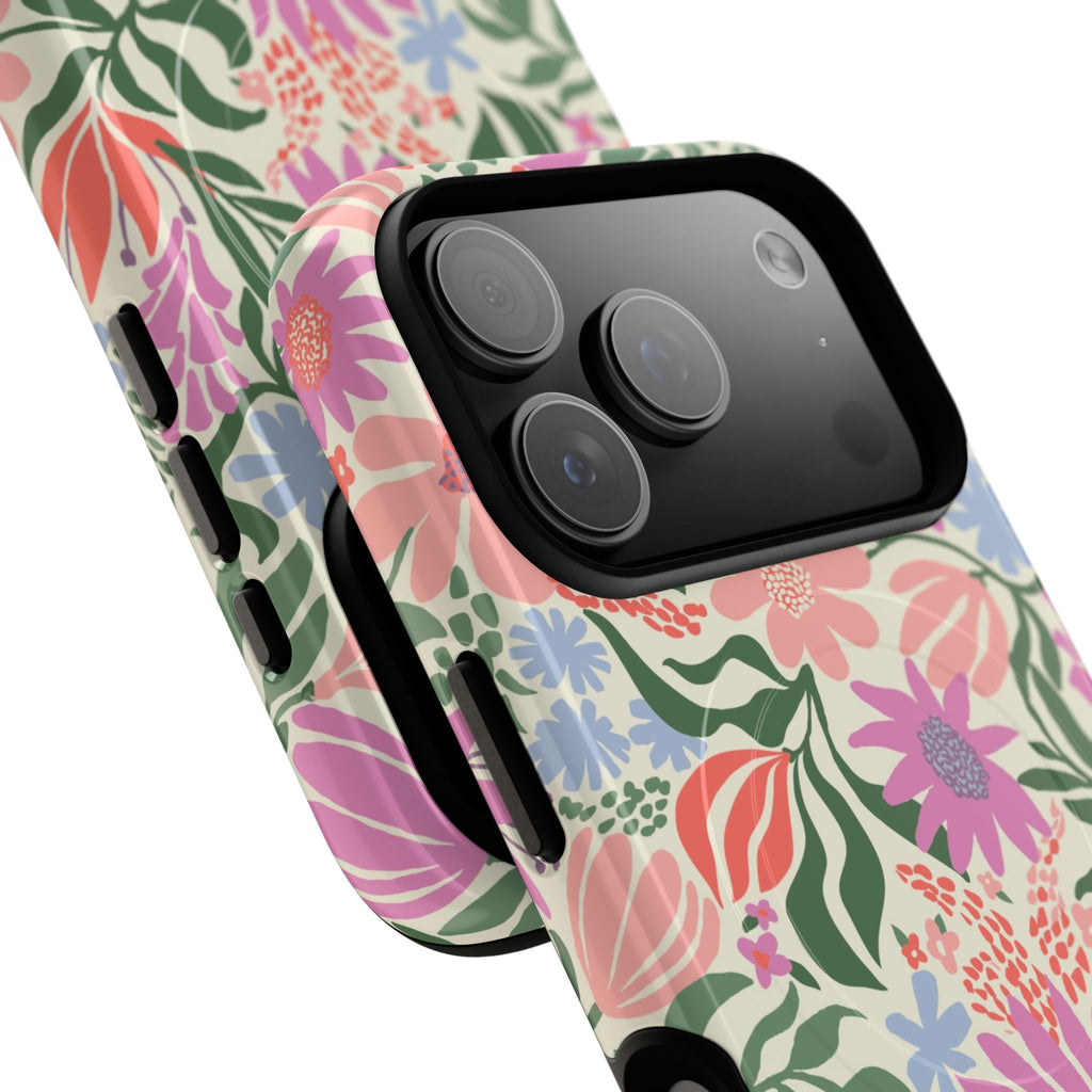 Botanica Pastel MagSafe iPhone 17 Pro Max Case – Glossy | angled view closeup of camera cutout and buttons