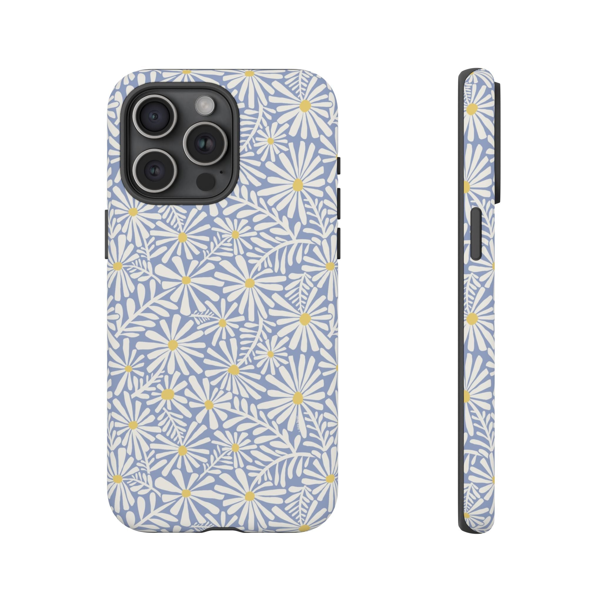 Montauk Daisy Cottage Blue iPhone 15 Pro Max Case – Matte | periwinkle blue, white graphic daisy and fern print, golden yellow centers | dual-layer protection
