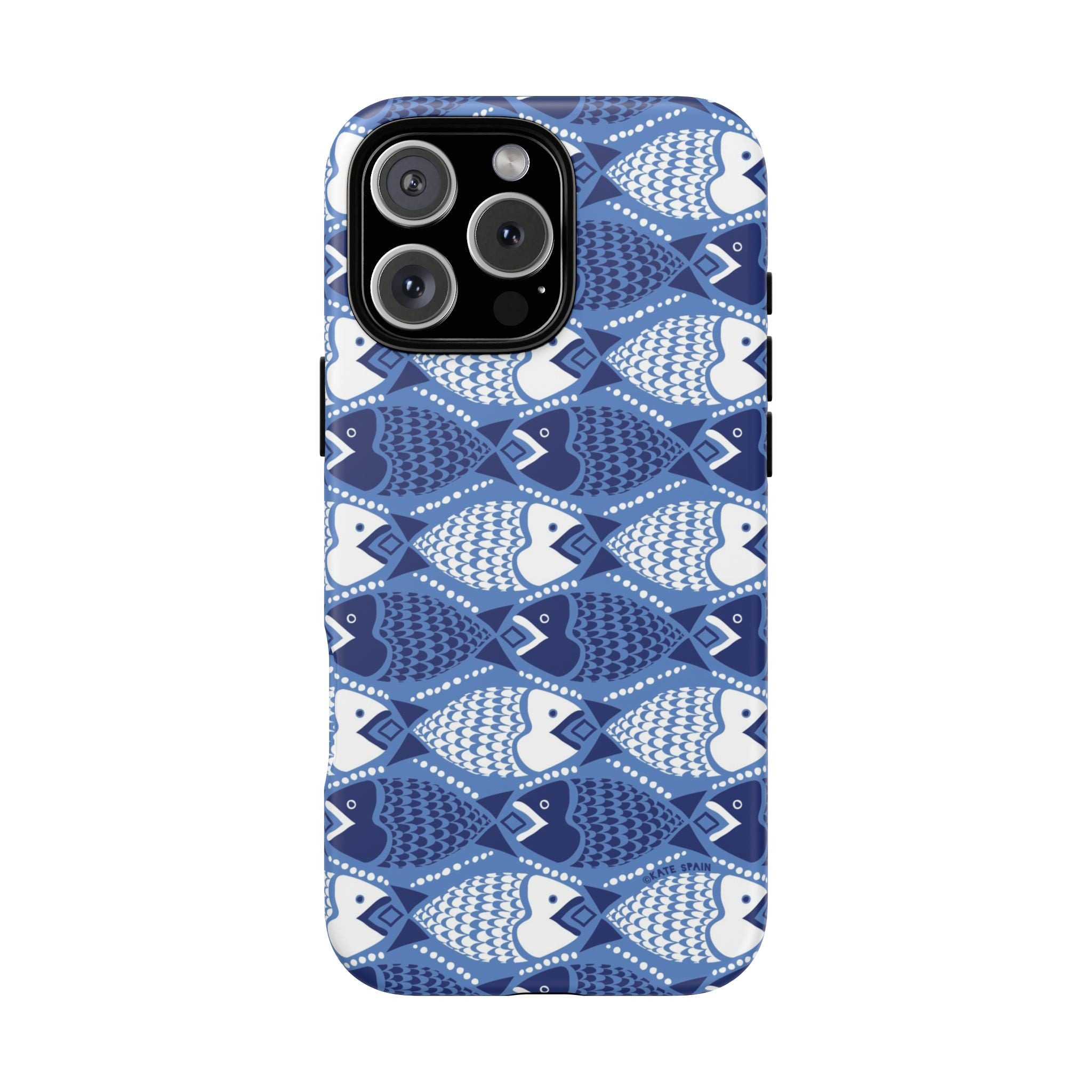 Catch of the Day Tough iPhone 16 Pro Max Case – Matte | navy, blue, white geometric fish print