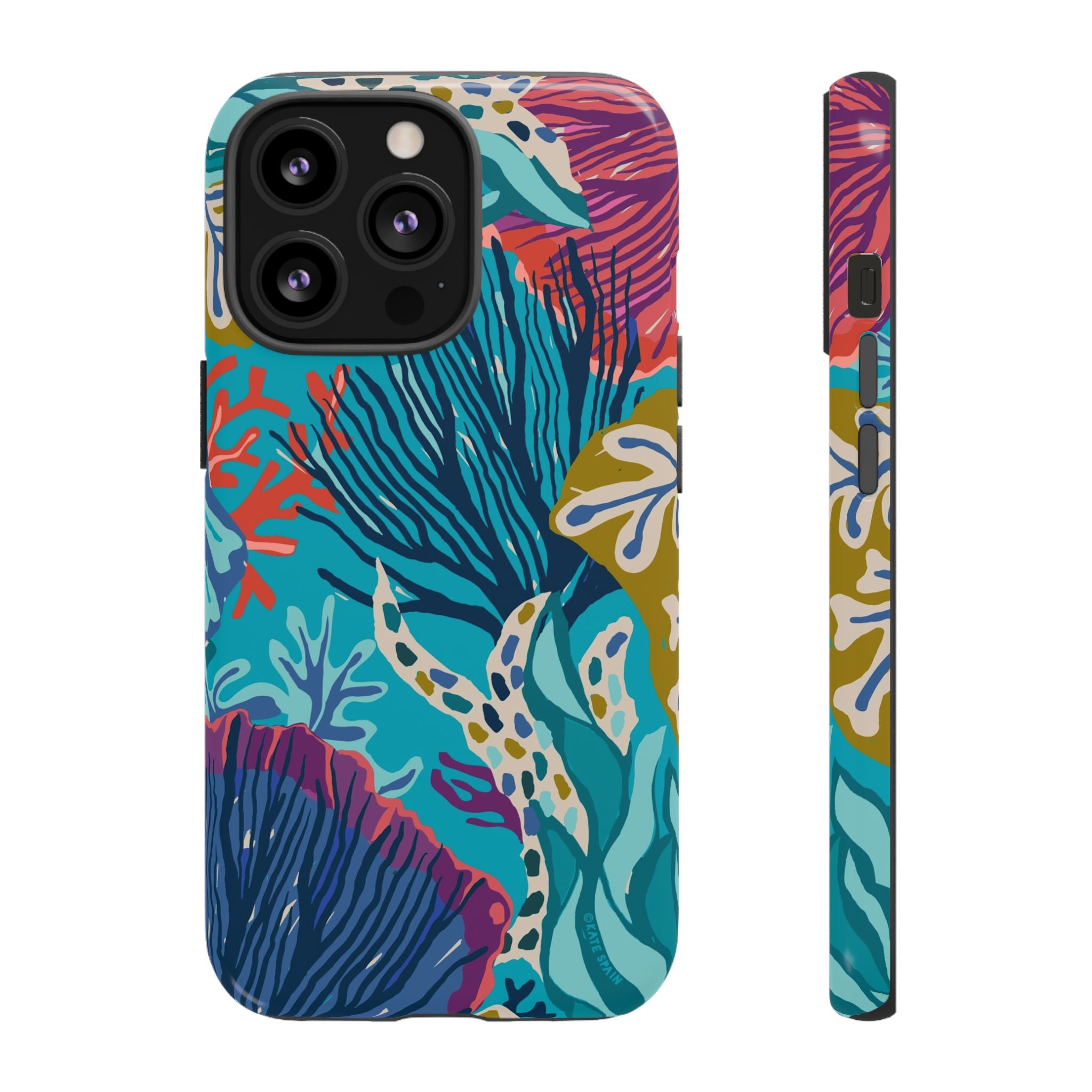 Reef Tough iPhone 13 Pro Case – Glossy | teal, coral, navy, purple botanical coral reef print