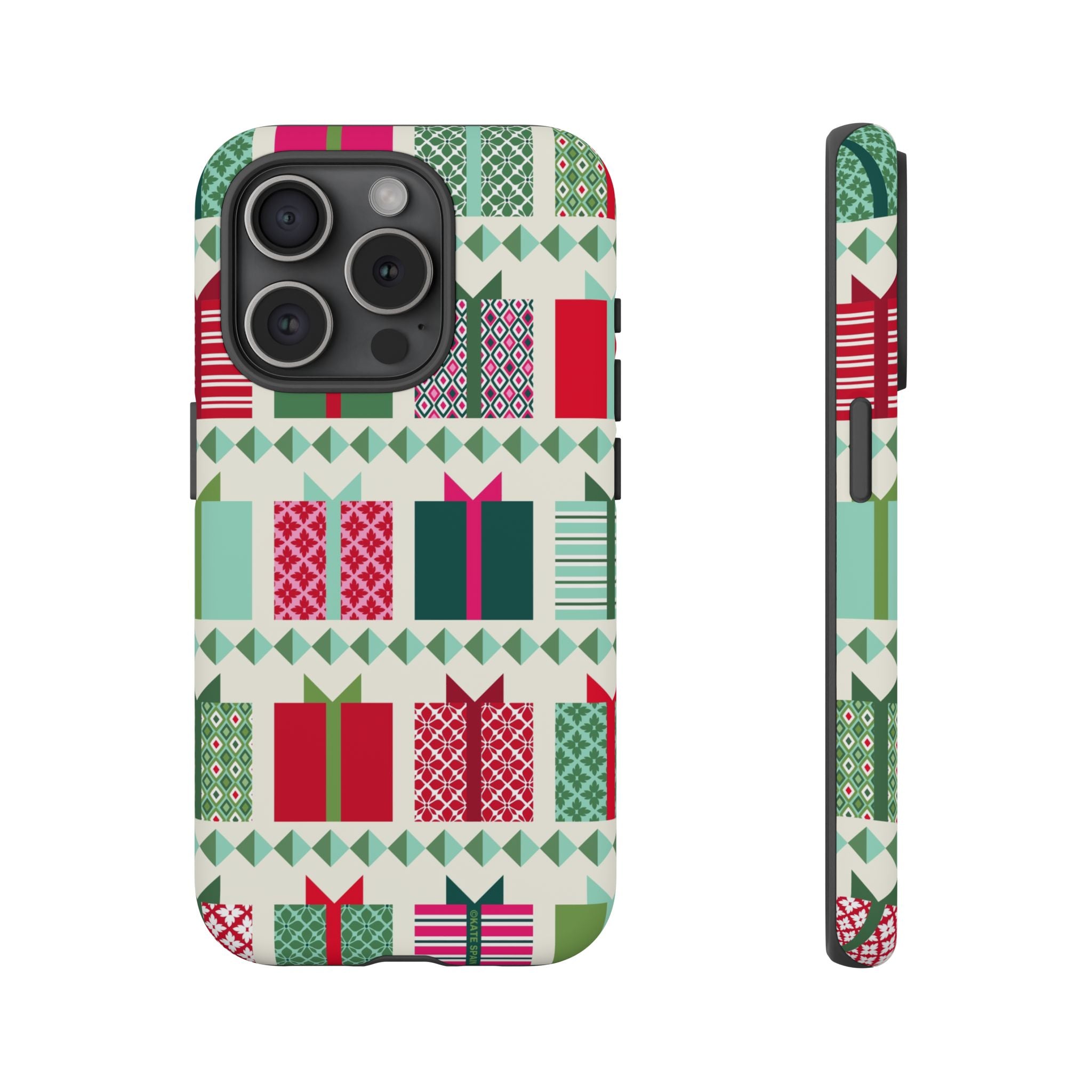 All Wrapped Up Tough iPhone 15 Pro Case – Matte | cream, red, pink, green, mint geometric gift wrap holiday print