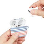 AirPods Gen 4 case, hand holding case – Glossy | soft blue, coral, and sage green chambray stripe print
