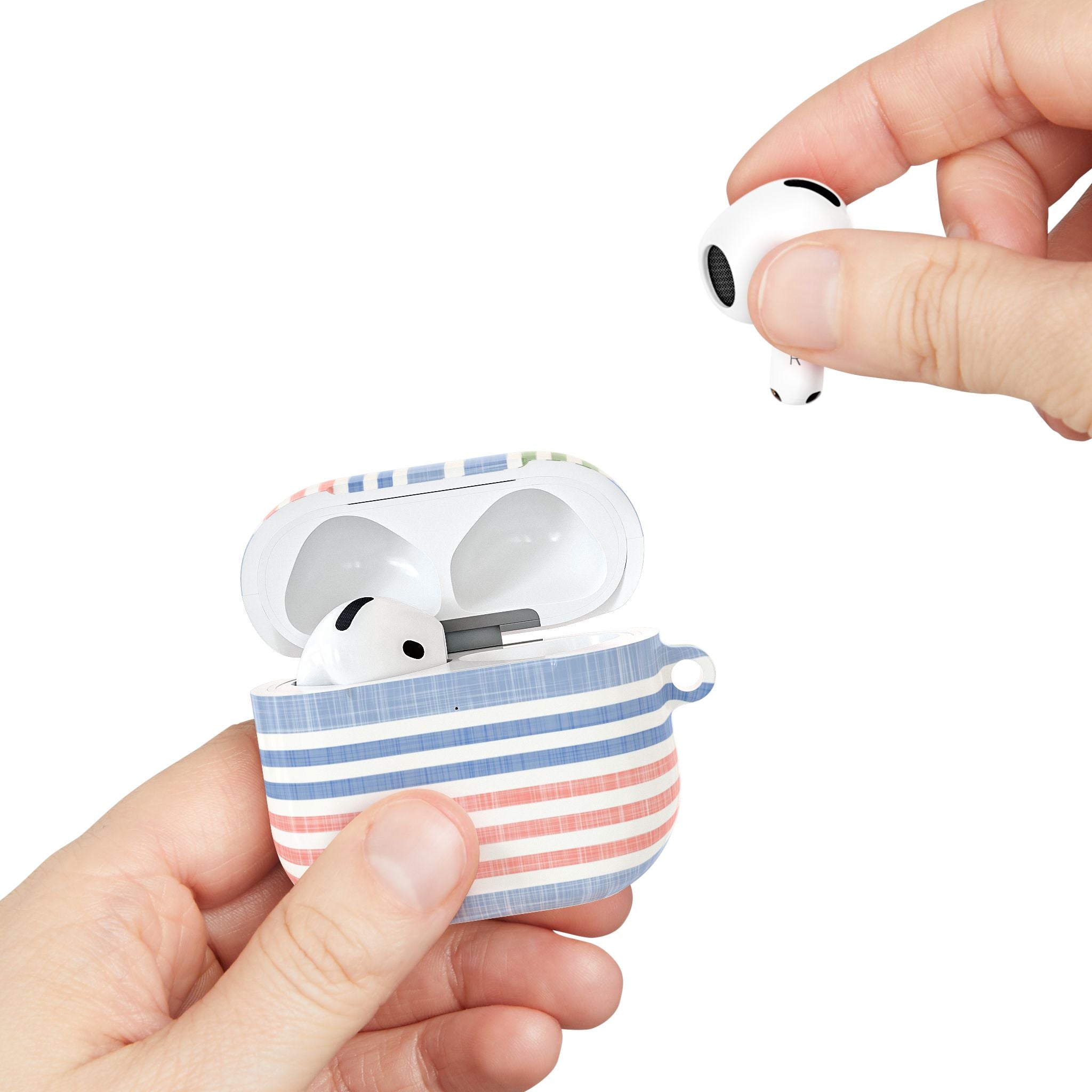 AirPods Gen 4 case, hand holding case – Glossy | soft blue, coral, and sage green chambray stripe print