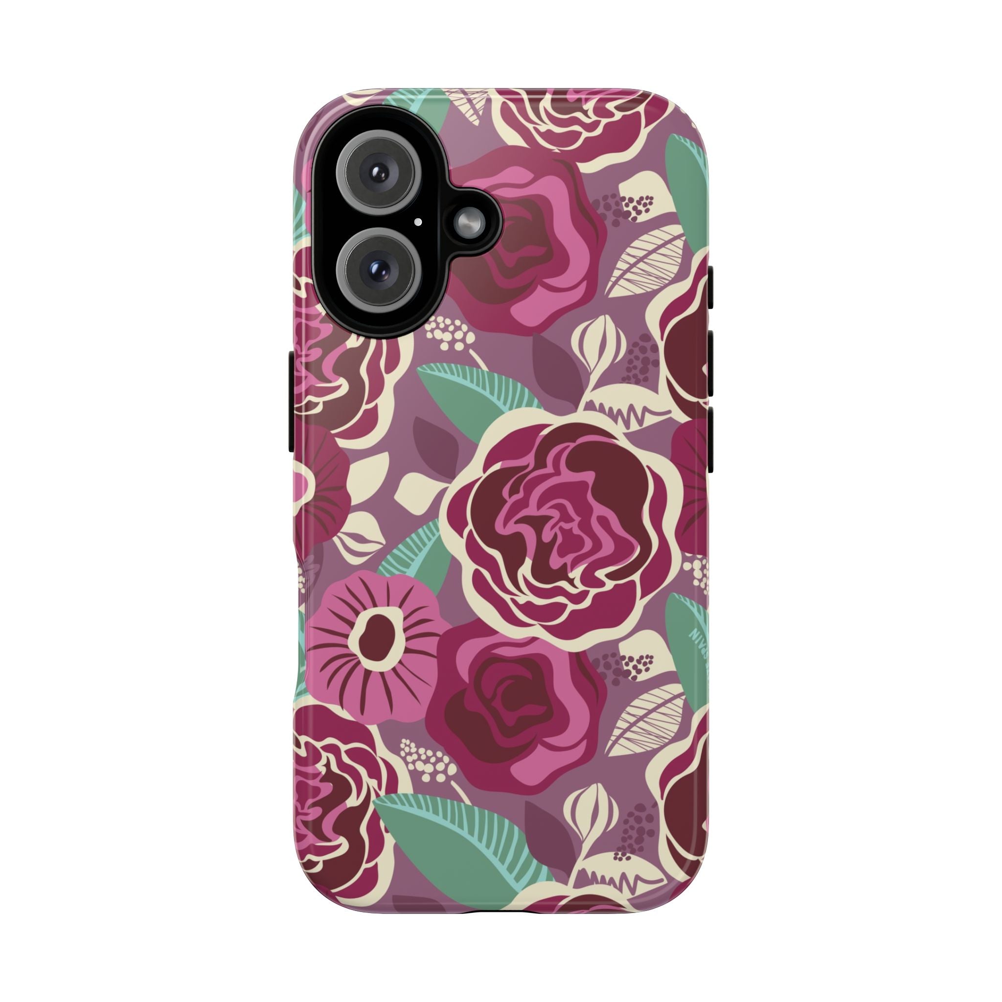 Tea Rose Burgundy Tough iPhone 16 Case – Glossy | burgundy, magenta, plum botanical rose floral print