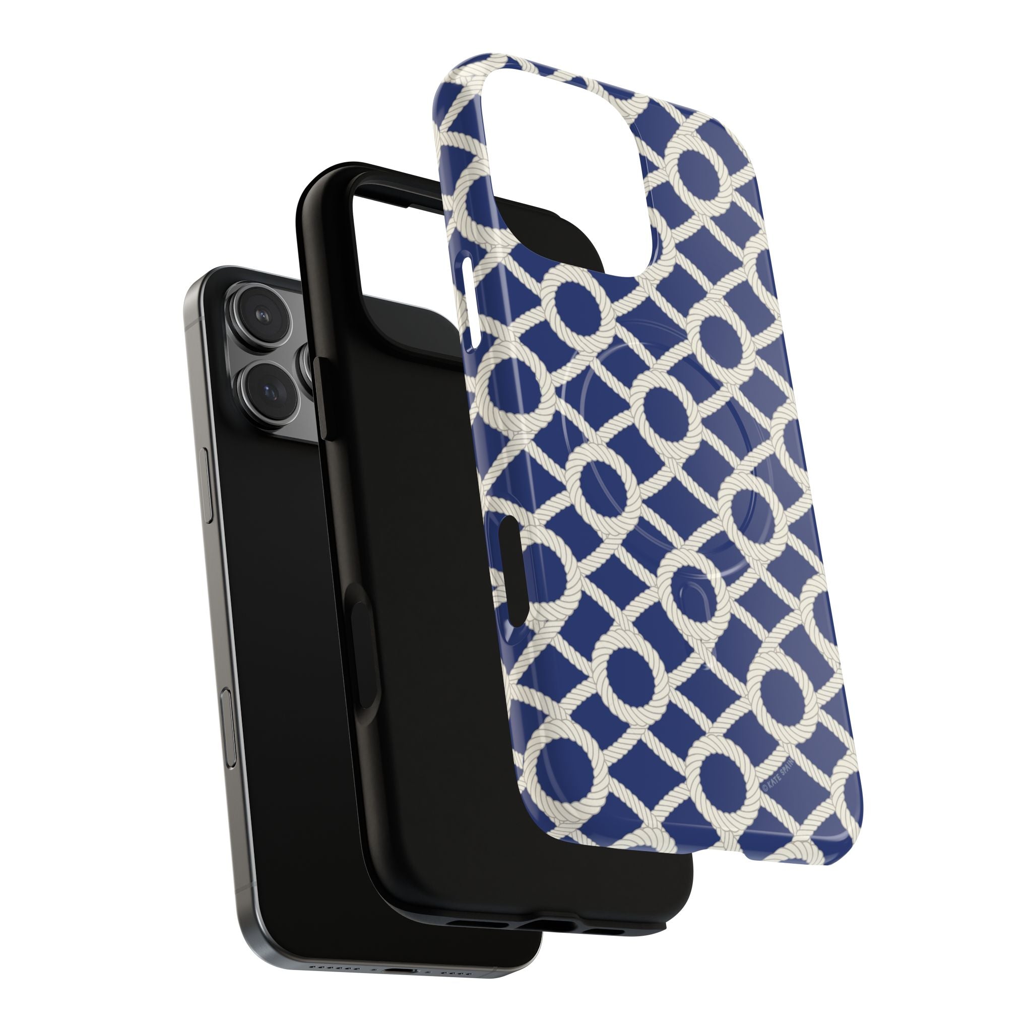 Sailor's Knot MagSafe iPhone 16 Pro Max Case – Dual-layered view of case and inner lining in front of phone, with view of camera cutout and buttons | cream, navy nautical print