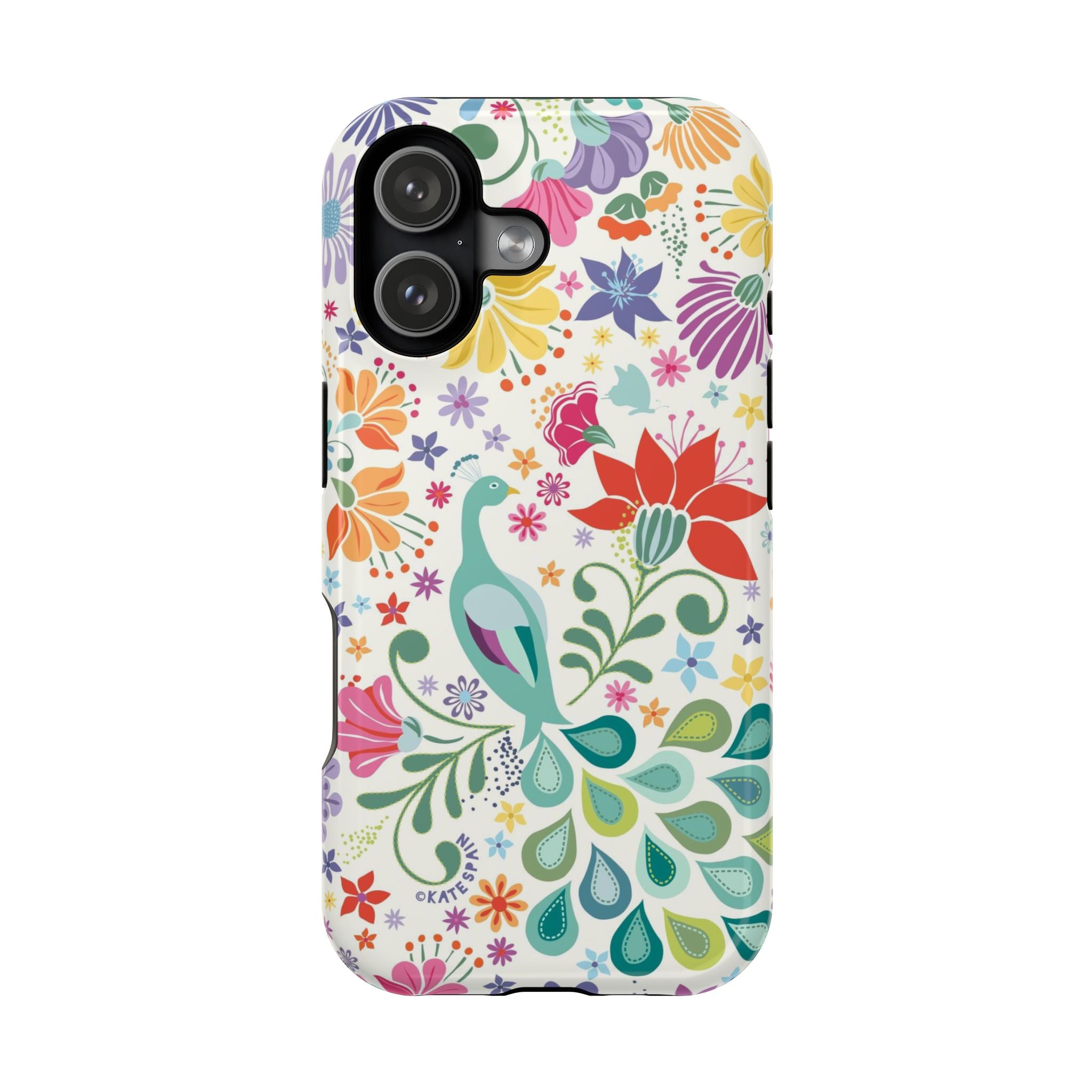 Peacock Sanctuary MagSafe iPhone 17 Case – Glossy | ivory, teal, navy peacock botanical print MagSafe compatible, dual-layer protection