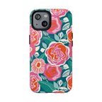 Luxury Tea Rose Teal MagSafe iPhone 14 Case – Glossy | teal, coral, pink botanical rose floral print