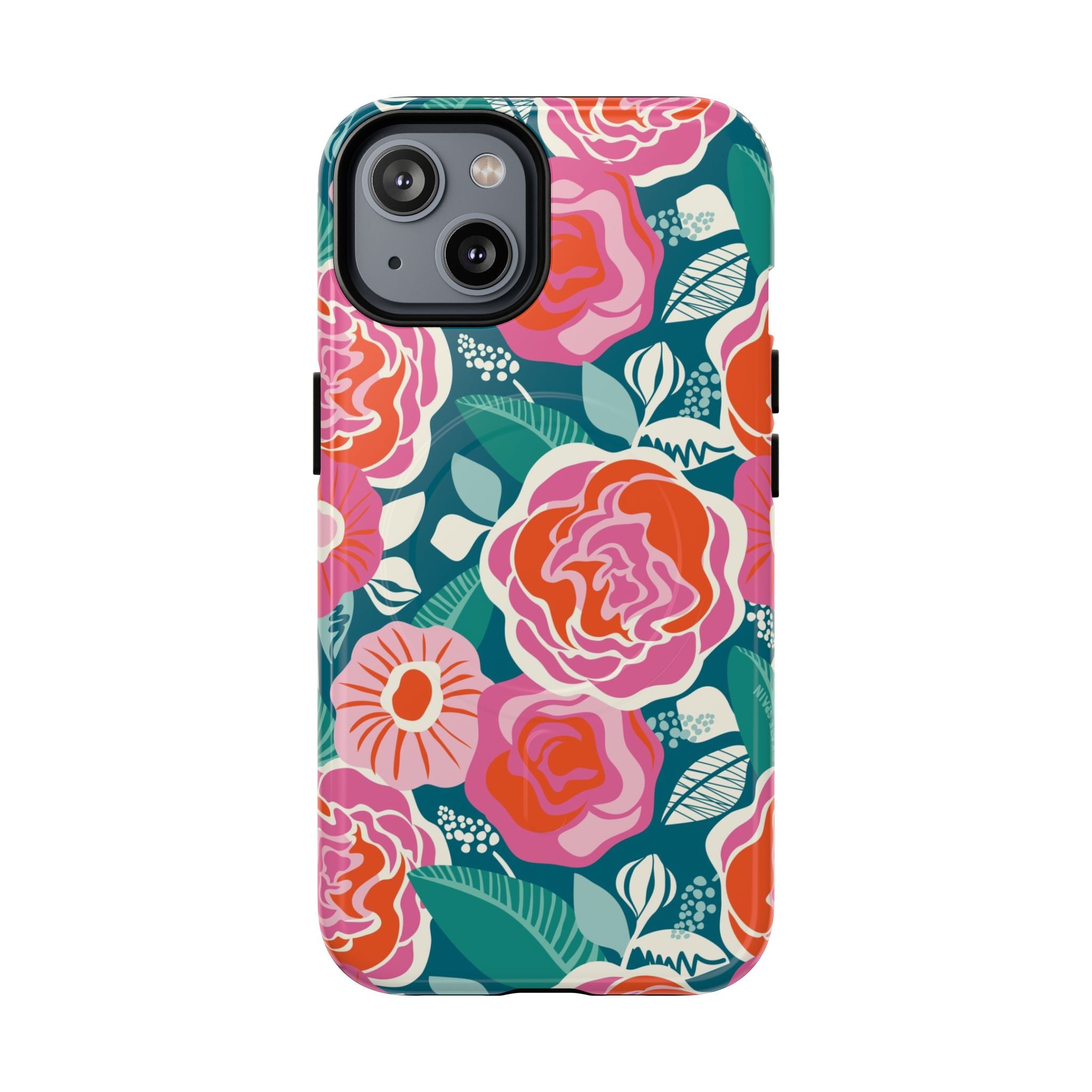 Luxury Tea Rose Teal MagSafe iPhone 14 Case – Glossy | teal, coral, pink botanical rose floral print