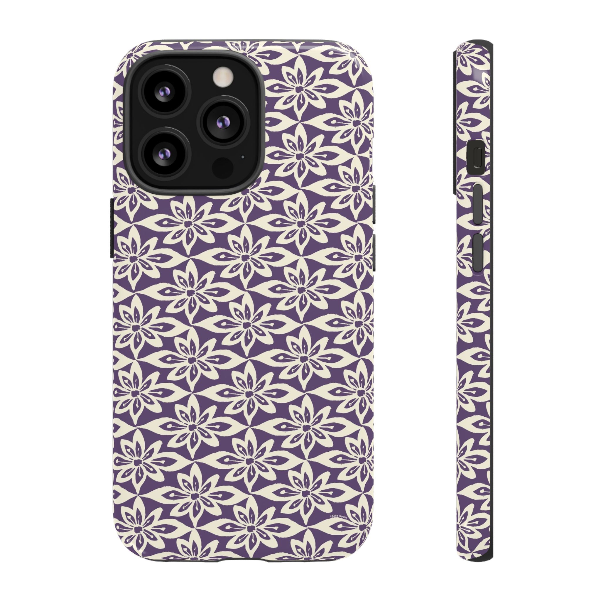 Lily Plum iPhone 13 Pro Case – Glossy | graphic white lily print on rich violet — botanical phone case by Kate Spain