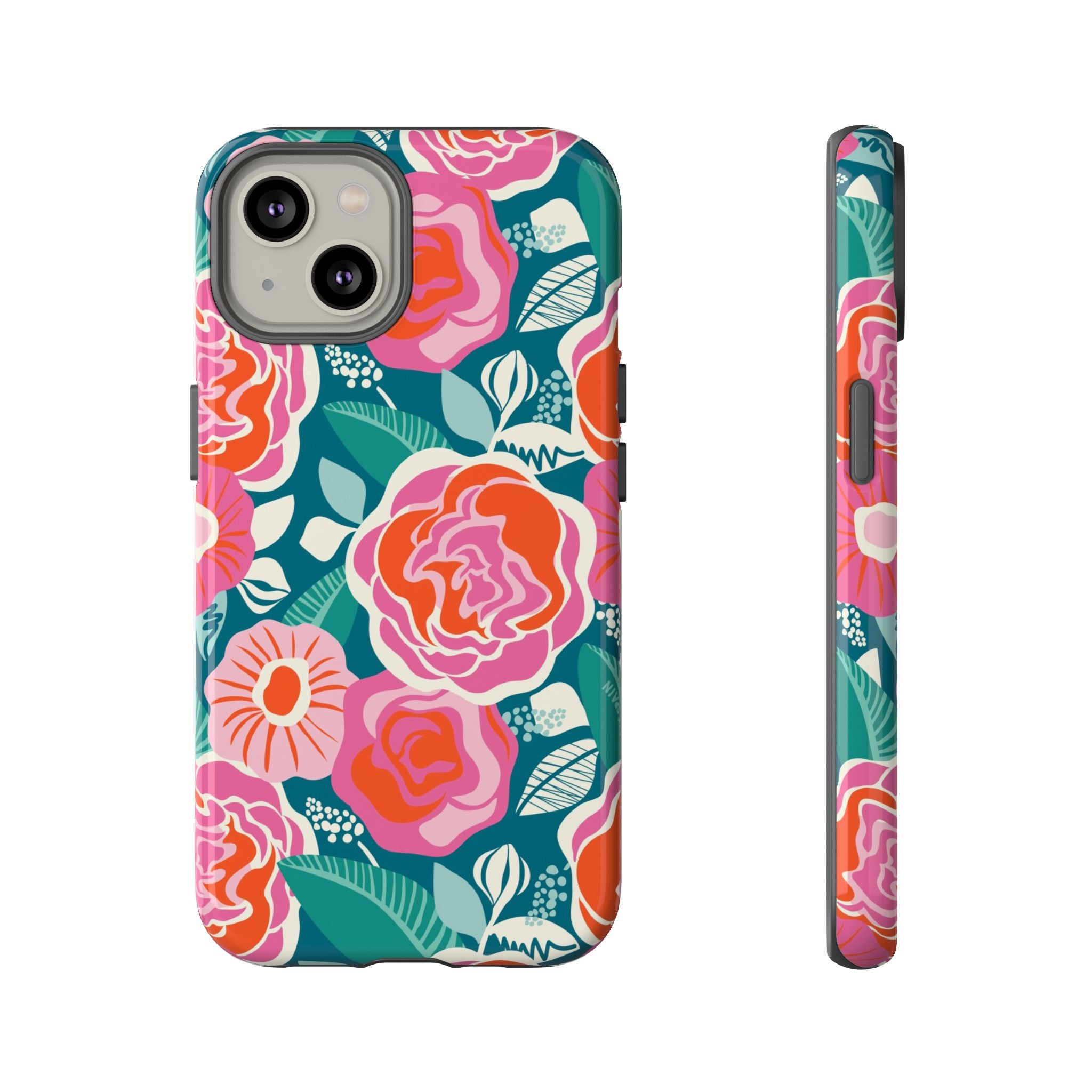 Tea Rose Teal Tough iPhone 14 Case – Glossy | teal, coral, pink botanical rose floral print