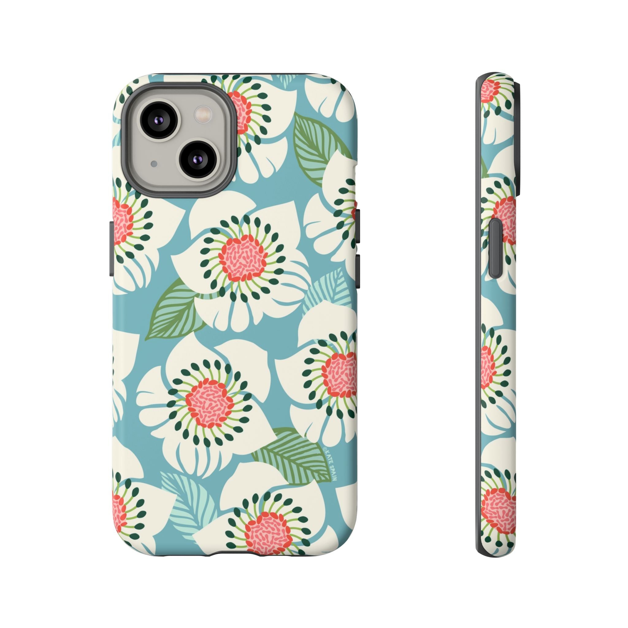 Panache Floral Tough iPhone 14 Case – Matte | sky blue, pale cream, pink anemone floral print