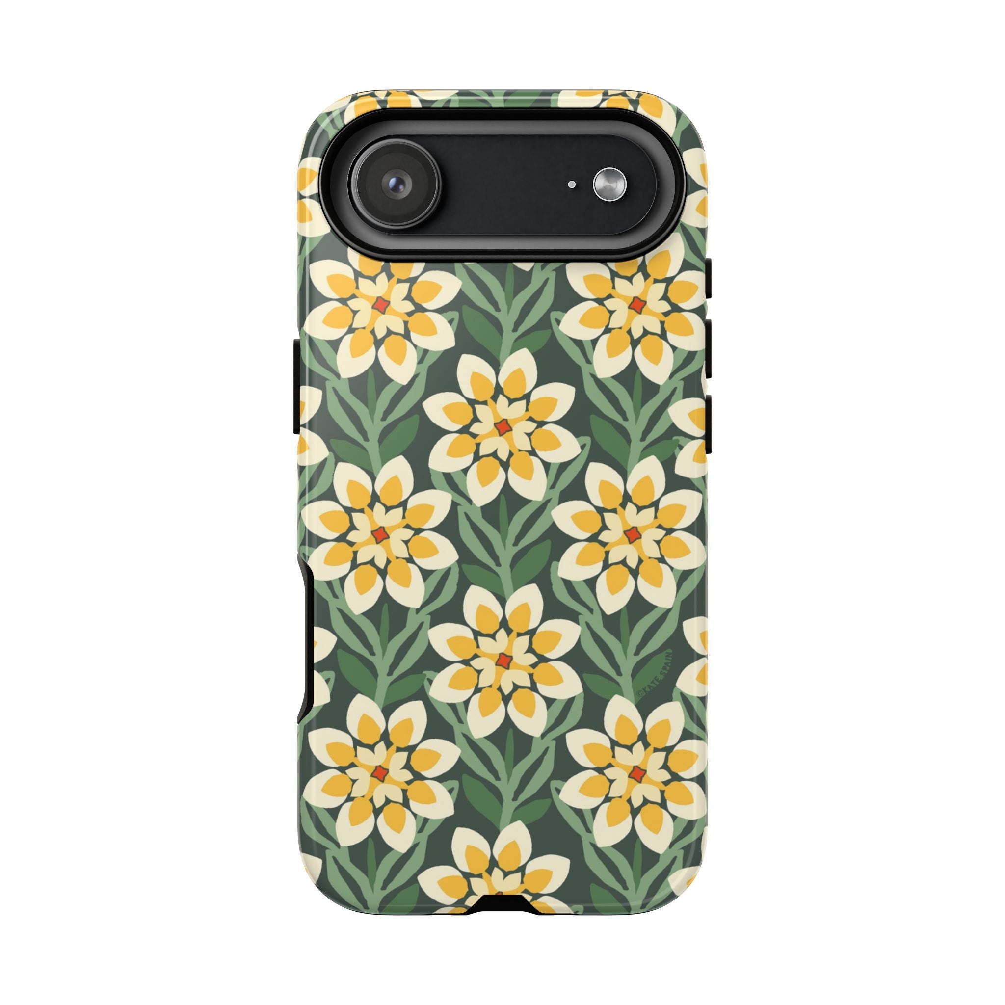 Designer Modern Dahlia Tough iPhone 17 Air Case – Glossy | yellow, cream, green dahlia floral print