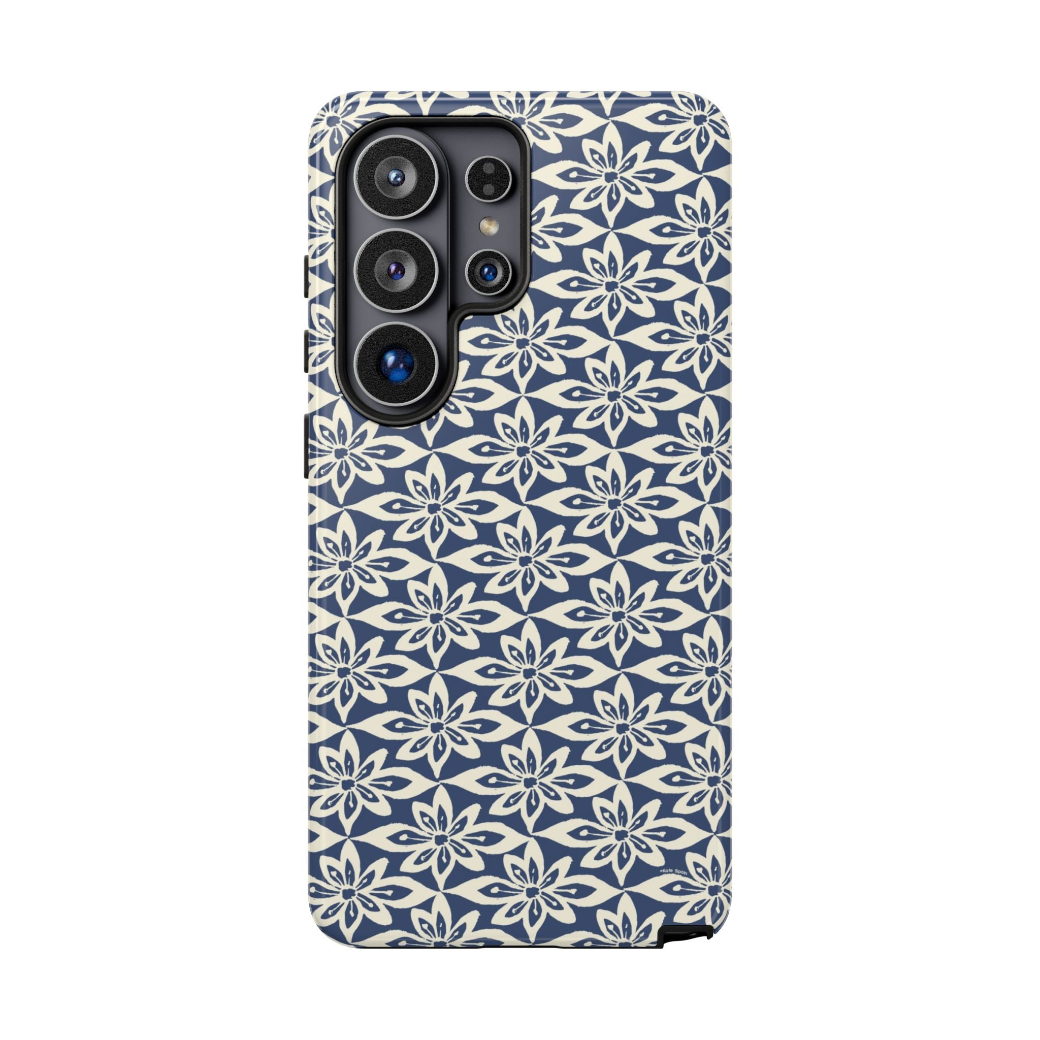 Lily Navy Blue Samsung Galaxy S26 Ultra Glossy case — graphic white lily print on deep navy — botanical phone case by Kate Spain