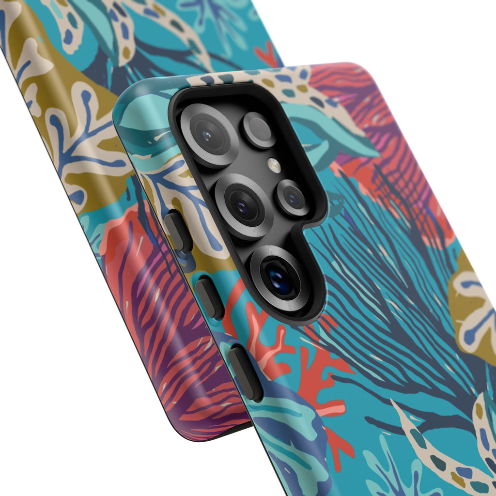 Luxury Reef Samsung Galaxy S25 Ultra Case – Matte | close-up of 5 lenses in camera cutout in case in teal, navy, magenta, olive coral reef print
