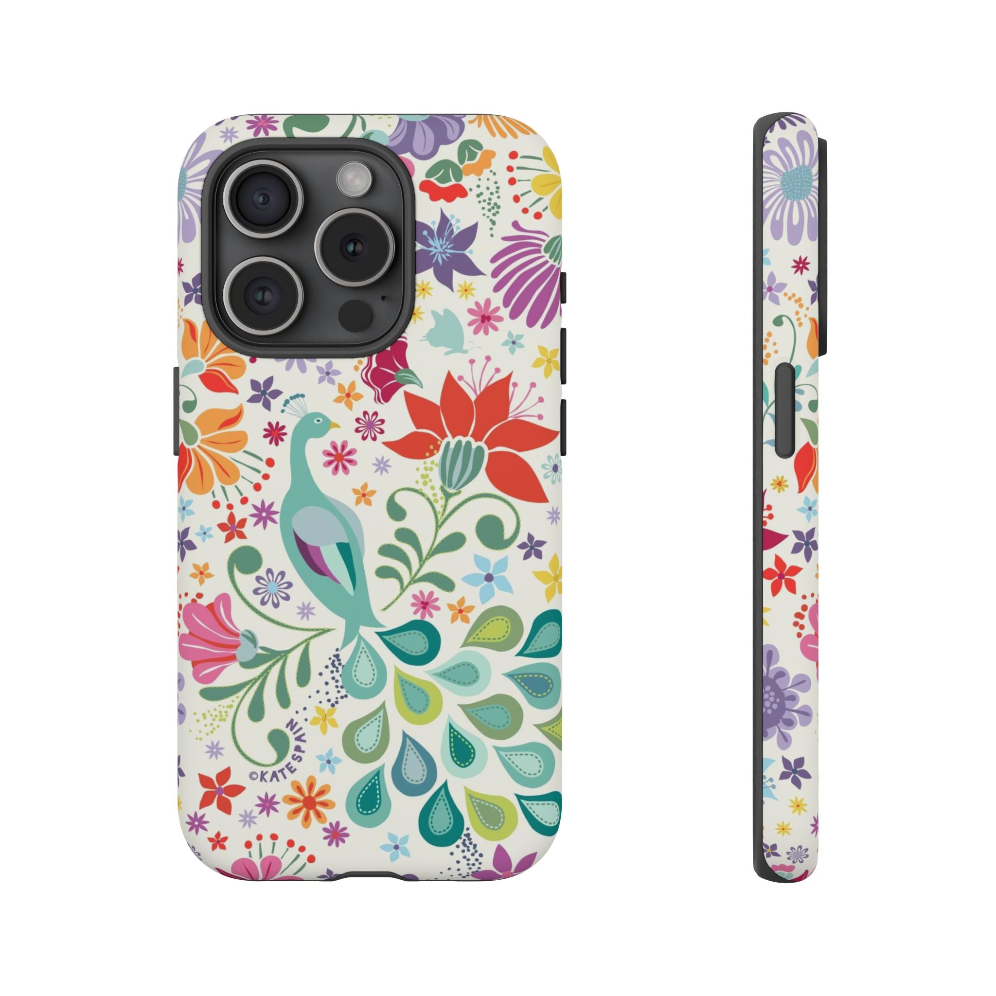 Peacock Sanctuary Tough iPhone 15 Pro Case – Matte | white, teal, coral multicolor vibrant peacock feather botanical print