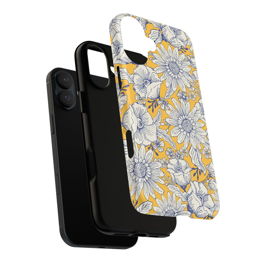 Jardin Yellow MagSafe iPhone 17 Case – Dual-layered view of case and inner lining in front of phone, with view of camera cutout and buttons | yellow and cream botanical garden print